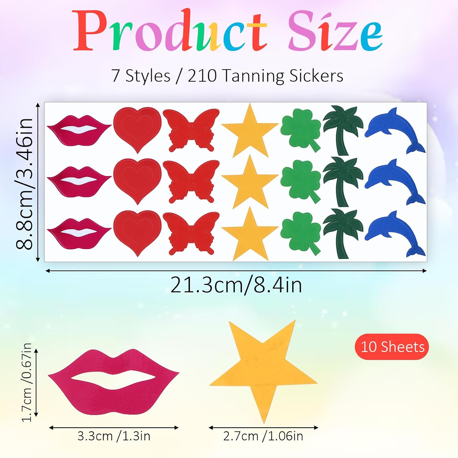 210Pcs Tanning Stickers, Colorful Tanning Bed Stickers for Body Self Adhesive Heart Star Lips Butterfly Dolphin Tan Sticker for Women Face and Summer Beach Accessories (7 Styles)