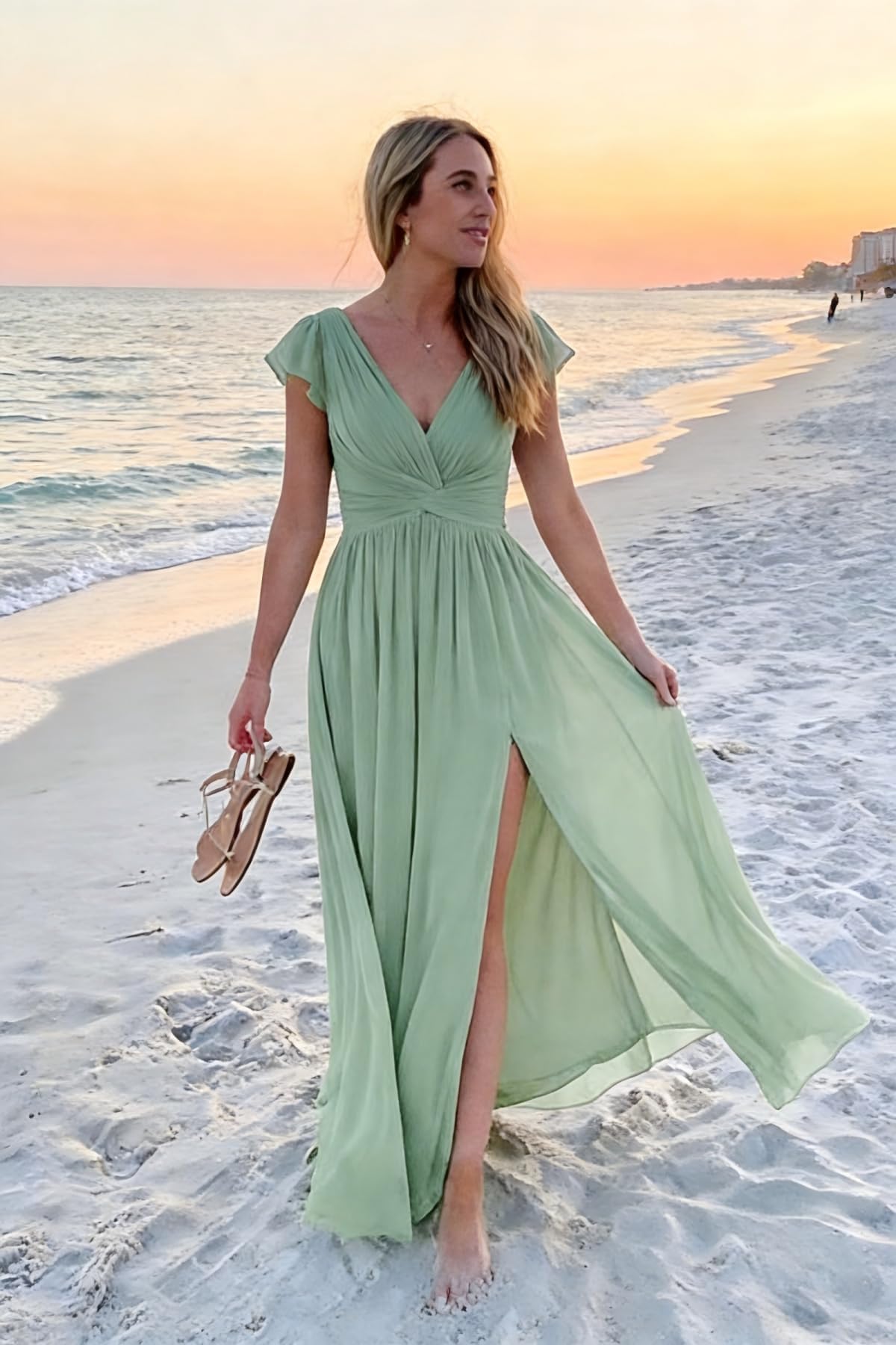 HUINI Brautjungfernkleid mit Schlitz Chiffon A-Linie V-Ausschnitt Lange Formelles Abendkleid