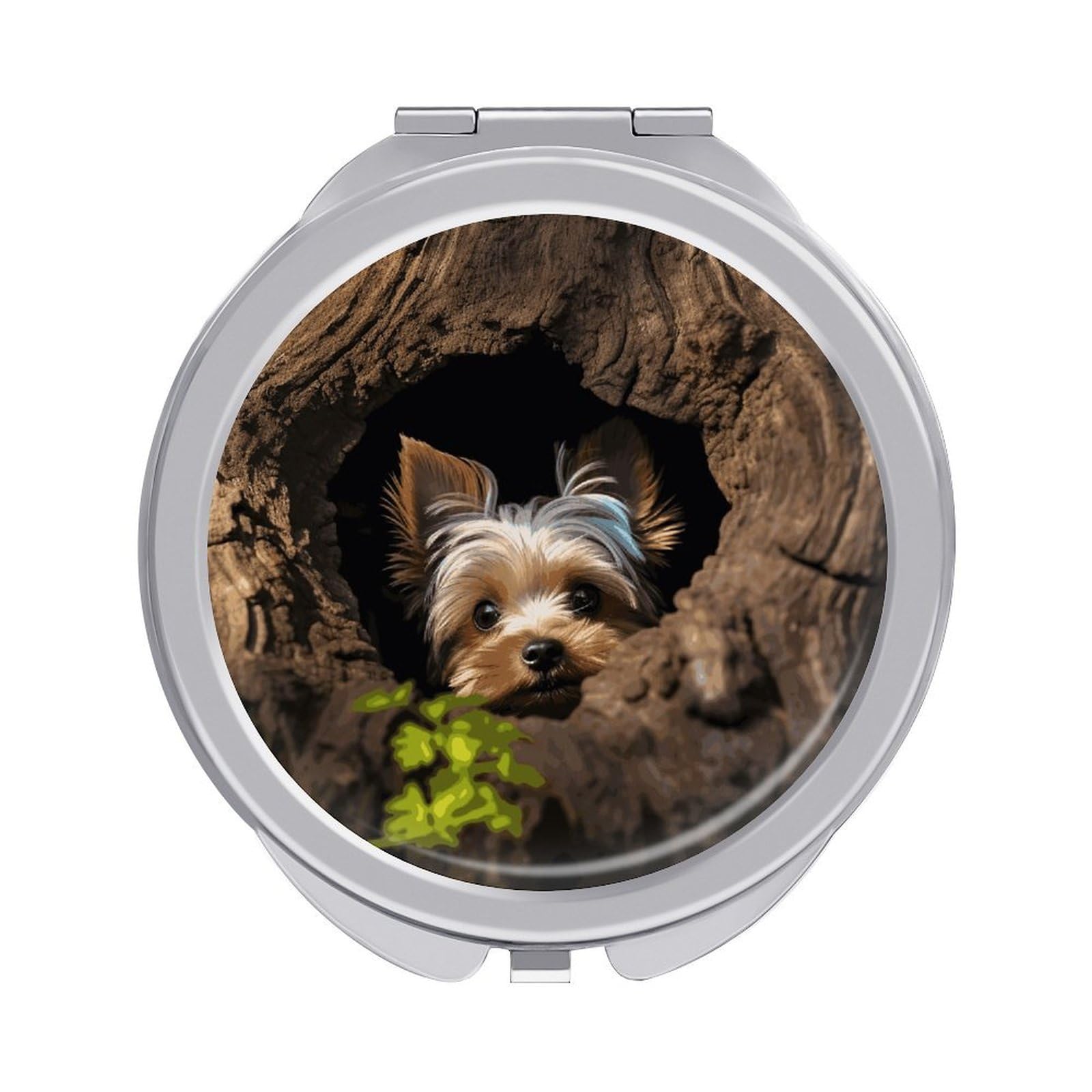 A Little Yorkshire Terrier Nestled in A Tree Hole Compact Mirror for Purses Round Fashion Travel Makeup Mirror 2x /1x Magnifying Double Sides Mini Mirrors Portable Pocket Mirrors for Handbag Purse Wom