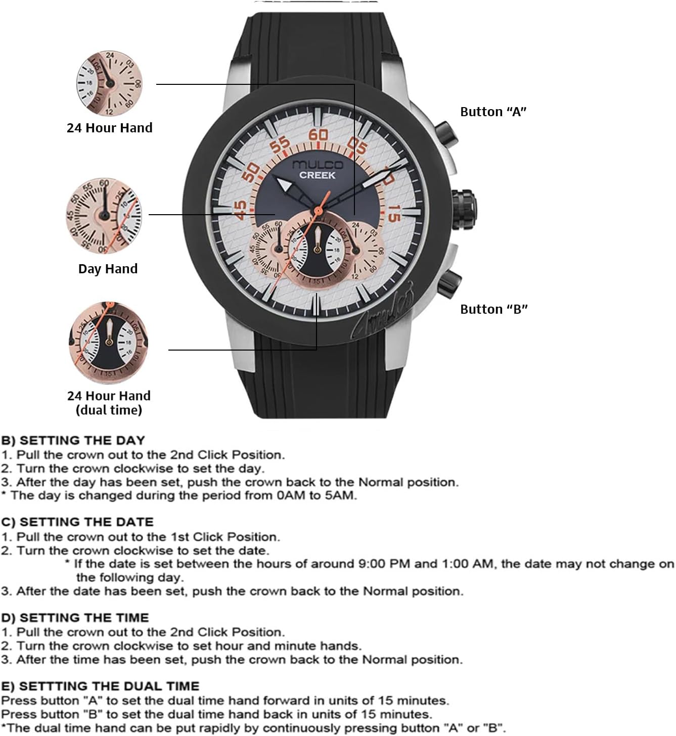 MULCO Watches for Men, Creek Stainless Steel Case with White Wrist Silicone Band, Quartz Multifunctional Movement Large Face Premium Analog Display-Luxury Sport Watch -100m, Waterproof