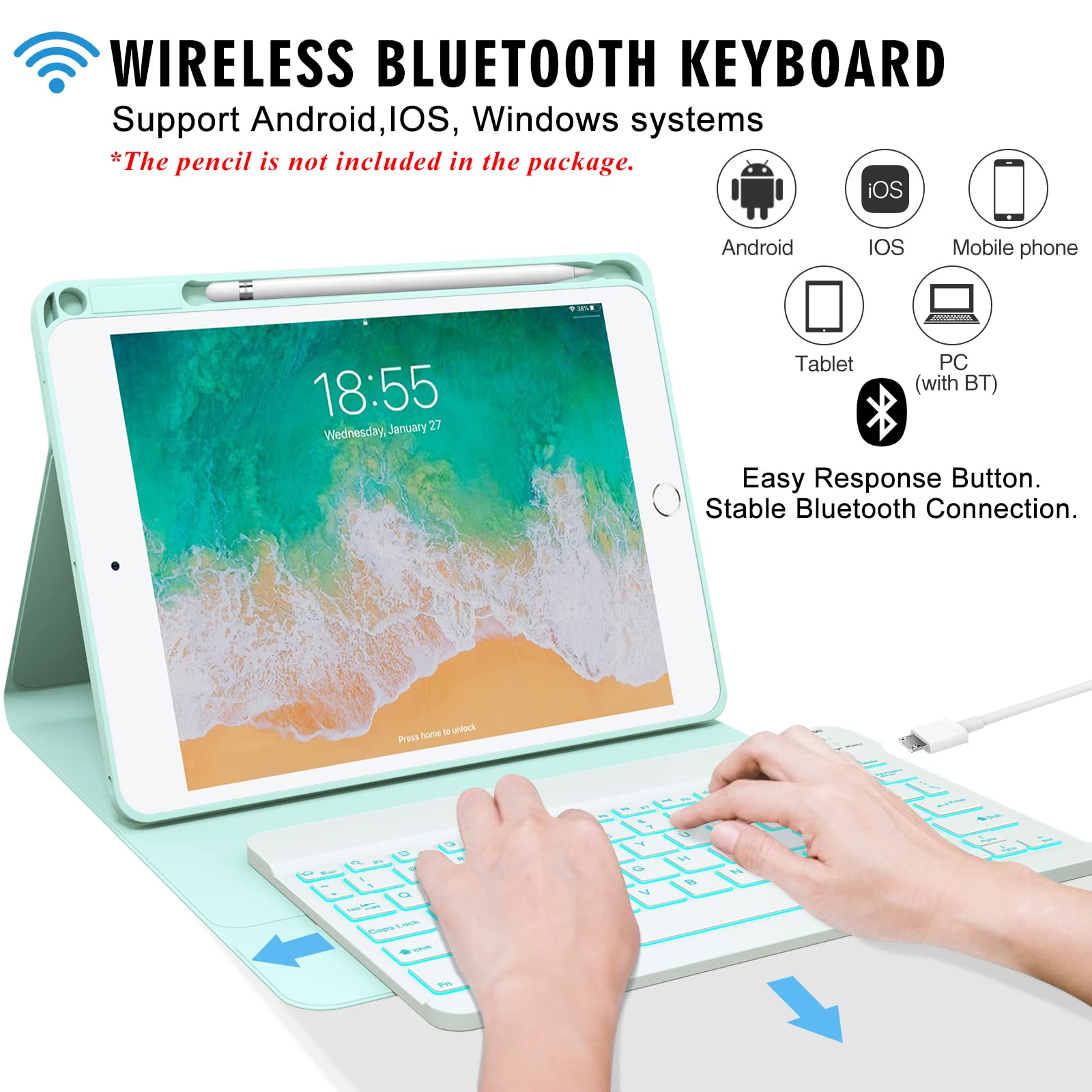 Keyboard case for iPad 5th/6th Generation 2017/2018, 9.7 Inch iPad Air 2 Case with Keyboard, Removable Wireless Backlit Keyboard Detachable, Folio Smart Cover, Tablet Case with Pencil Holder