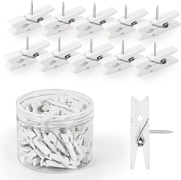 50pcs Wooden Push Pins with Clips White Bulletin Board Clips Cute Pushpins for Cork Board Fun Tacks and Push Pins for Wall for Teachers in Classroom School Offices Accessories Decor Supplies