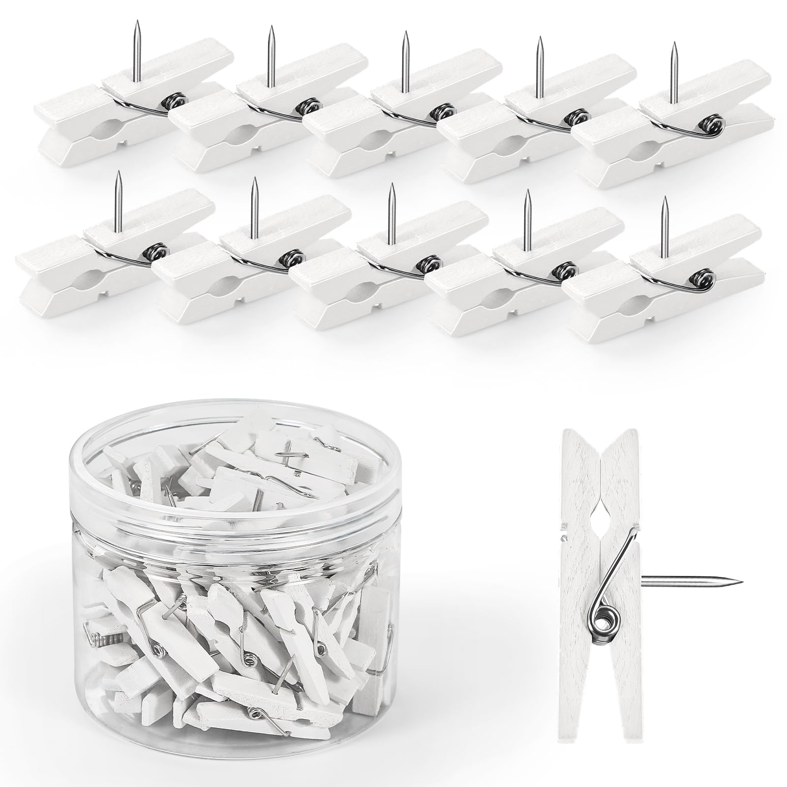GOOLADA 50pcs Wooden Push Pins with Clips White Bulletin Board Clips Cute Pushpins for Cork Board Fun Tacks and Push Pins for Wall for Teachers in