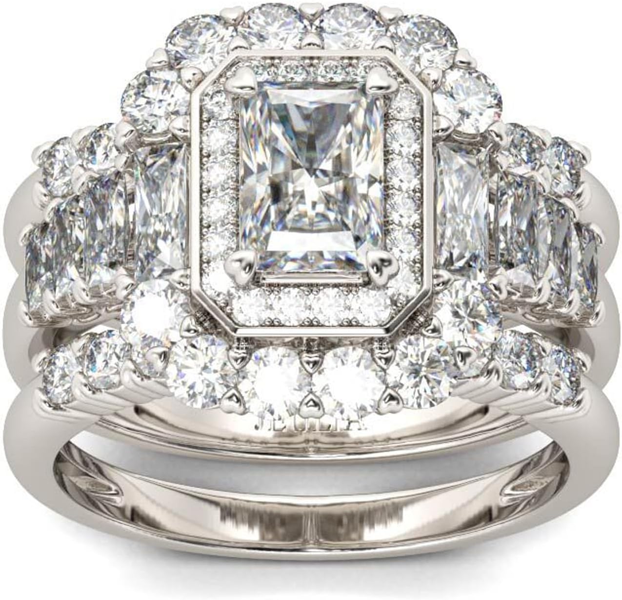 Jeulia 3PCS Moissanite Wedding Band for Women 1.5CT Silver Halo Radiant Cut Diamond Ring for Valentine's with Gift Box