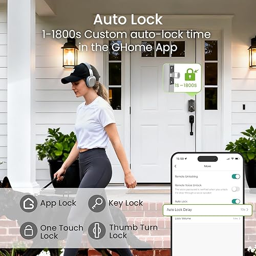 Miniatura 7 de GHome Smart Cerradura de cerrojo, cerradura de puerta de entrada sin llave para puerta delantera, control remoto de aplicación, bloqueo automático,
