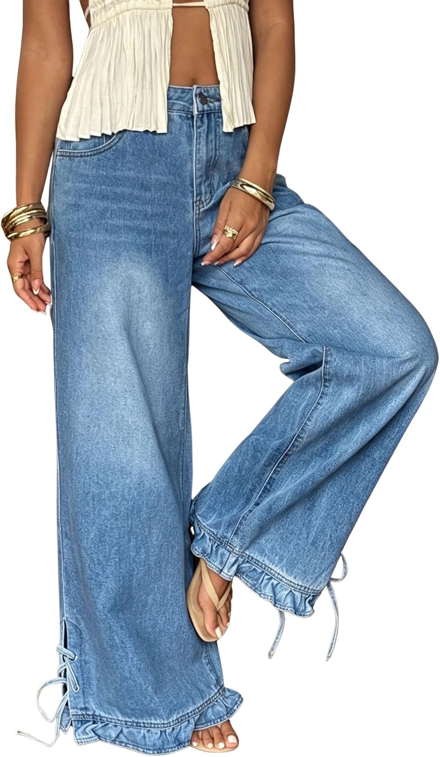 chouyatou Women's Ruffle Hem Wide Leg Jeans Y2k Street Baggy Denim Pants image 5