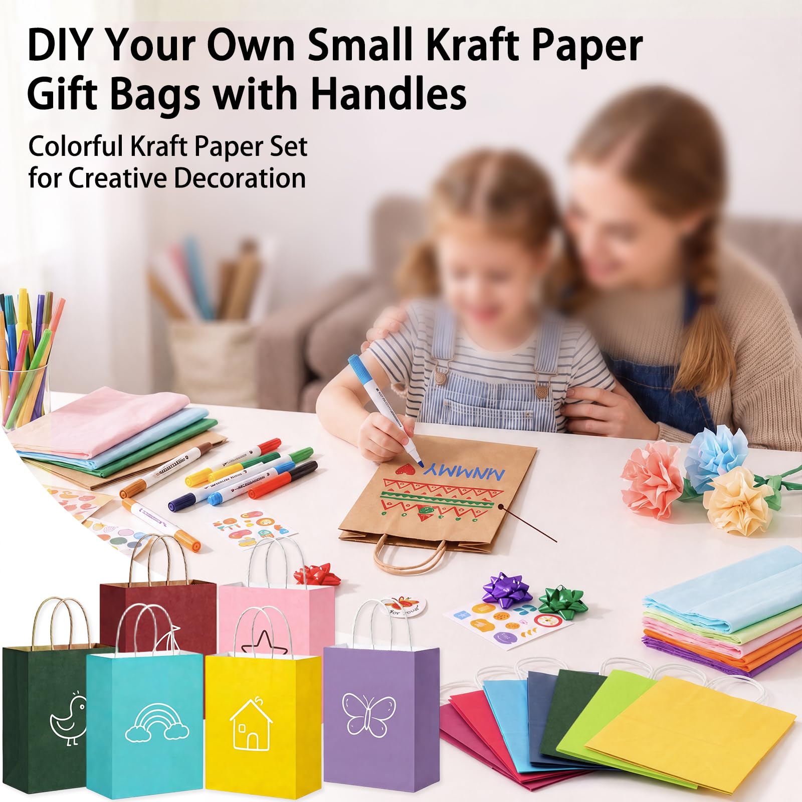 Sankoly Kleine Geschenktüten mit Griffen und Seidenpapier, 20 Farben, Kraftpapier, Partyzubehör, 15 x 7 x 21 cm, 200 Stück