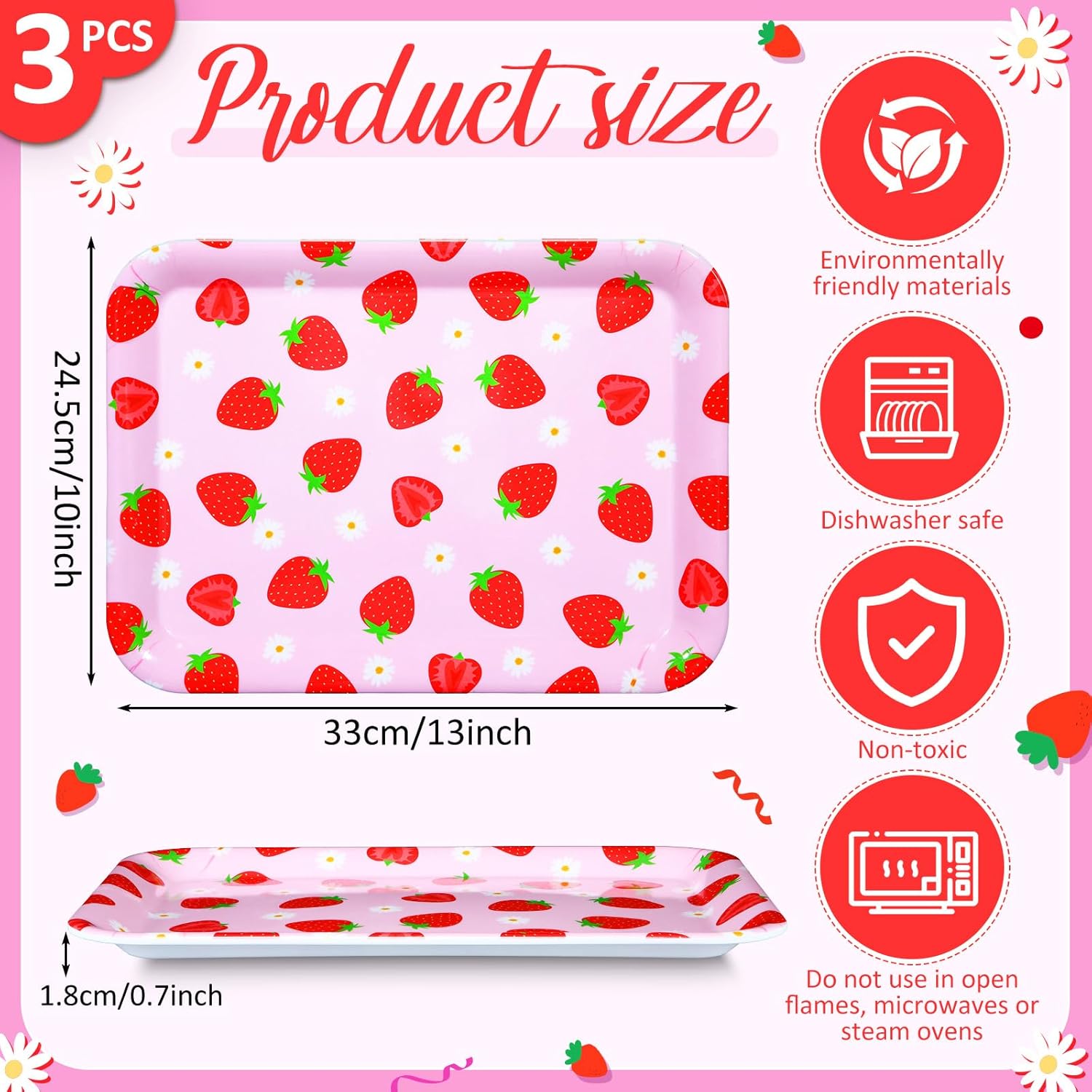 RattanView 3 Pcs Strawberry Trays Strawberry Birthday Party Decoration Plastic Serving Trays pink Platter Pink Reusable Plates 13 x 10 Inch Berry Sweet One Birthday Party Supplies