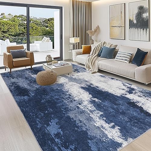 Andency Washable Area Rug 5x7, Modern Abstract Living Room Rugs, Non Slip Carpet for Bedroom Dining Room, Large Soft Satin Resistant Home Decor Rug, Blue