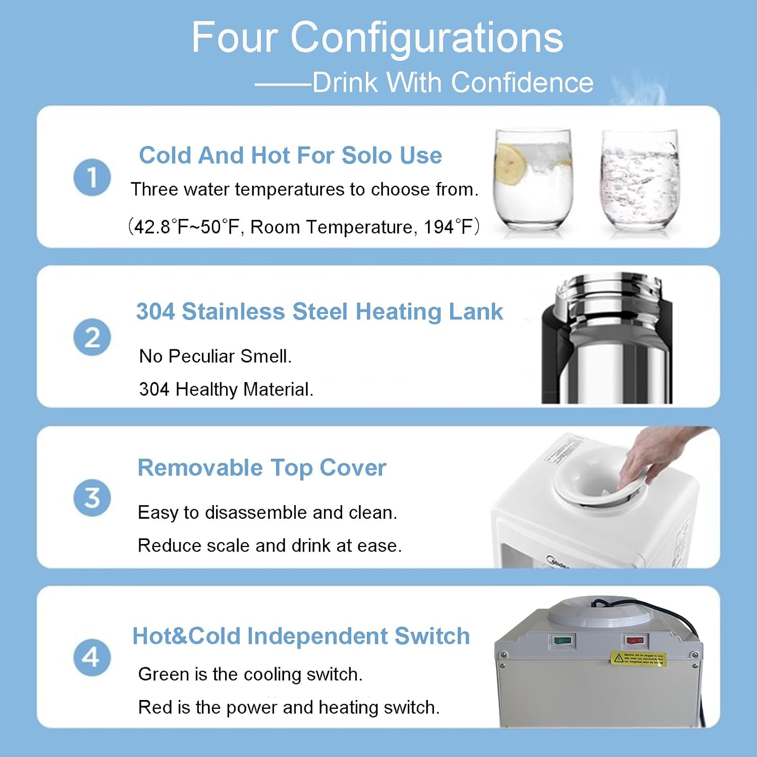 Image showing the back of the water dispenser with red and green power switches for hot and cold water functions.