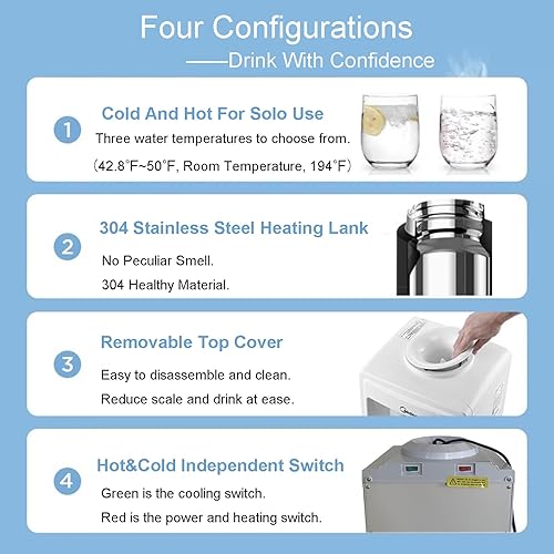 Miniatura 4 de Dispensador de enfriador de agua para carga superior de 3 o 5 galones, dispensador de enfriador de agua calientefría con bloqueo de seguridad para