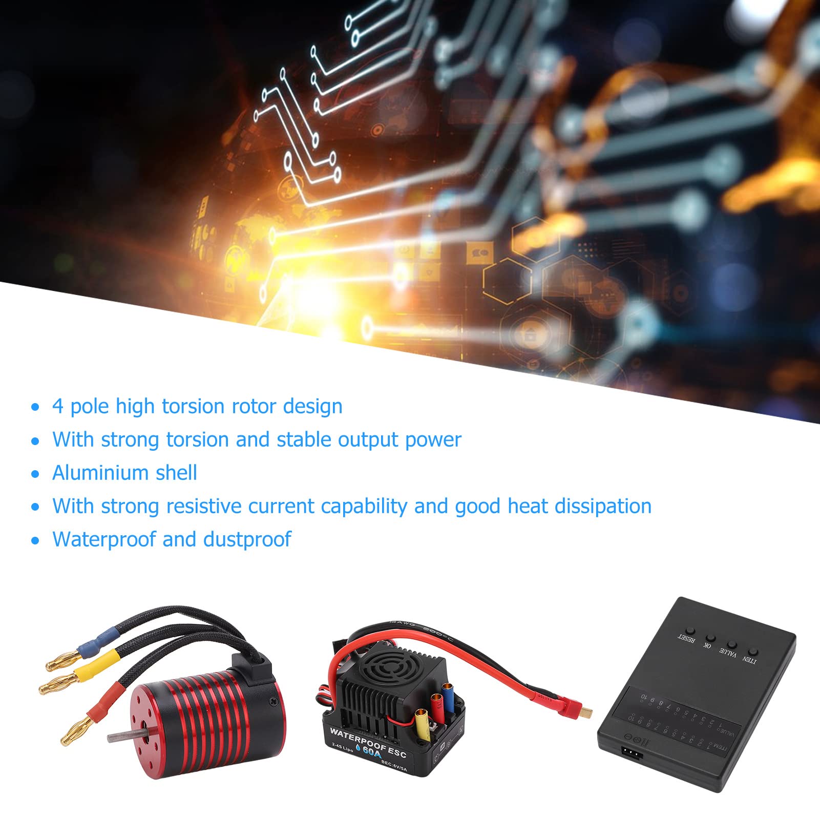 bezszczotkowy zestaw ESC, bezszczotkowy wodoodporny silnik 3650 60A ESC, karta programowania do samochodu RC 1/10 (5200kV)