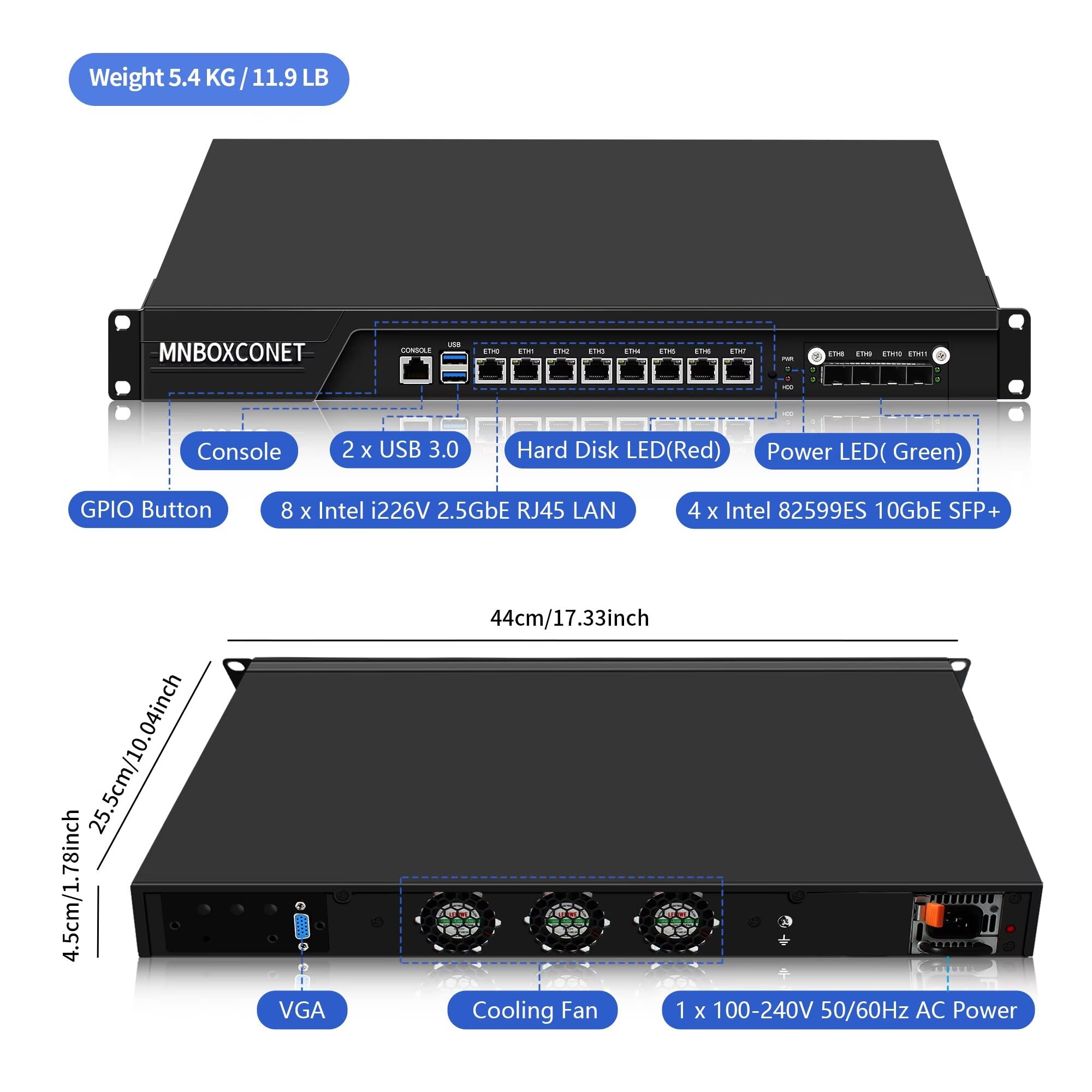 1U Rackmount Server 19'' Firewall Router Appliance Core i5-7500, 4 x 10GBE B250 Network Cabinet 8 x 2.5 Gigabit LAN Console OPNsense, VPN, VGA, USB 3.0, GPIO, Barebone NO RAM NO SSD