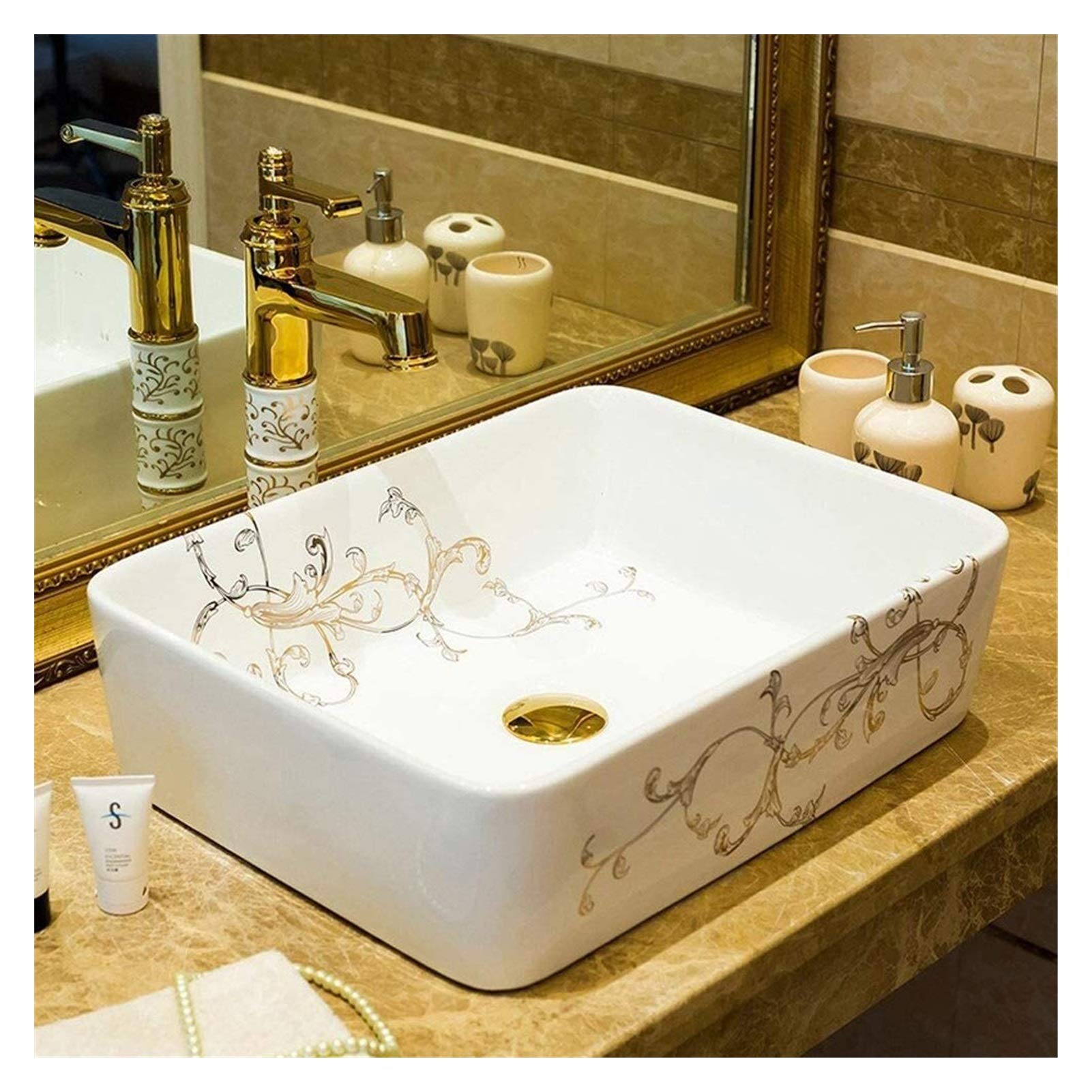 OLSKFUH Bathroom Vessel Sink, Antique Vanity Bowl Basin Counter White Porcelain Ceramic Vessel Sink, 14.4"X11.4" Bathroom Vessel Sinks, Art Basin Rectangular Lavatory Bowl,
