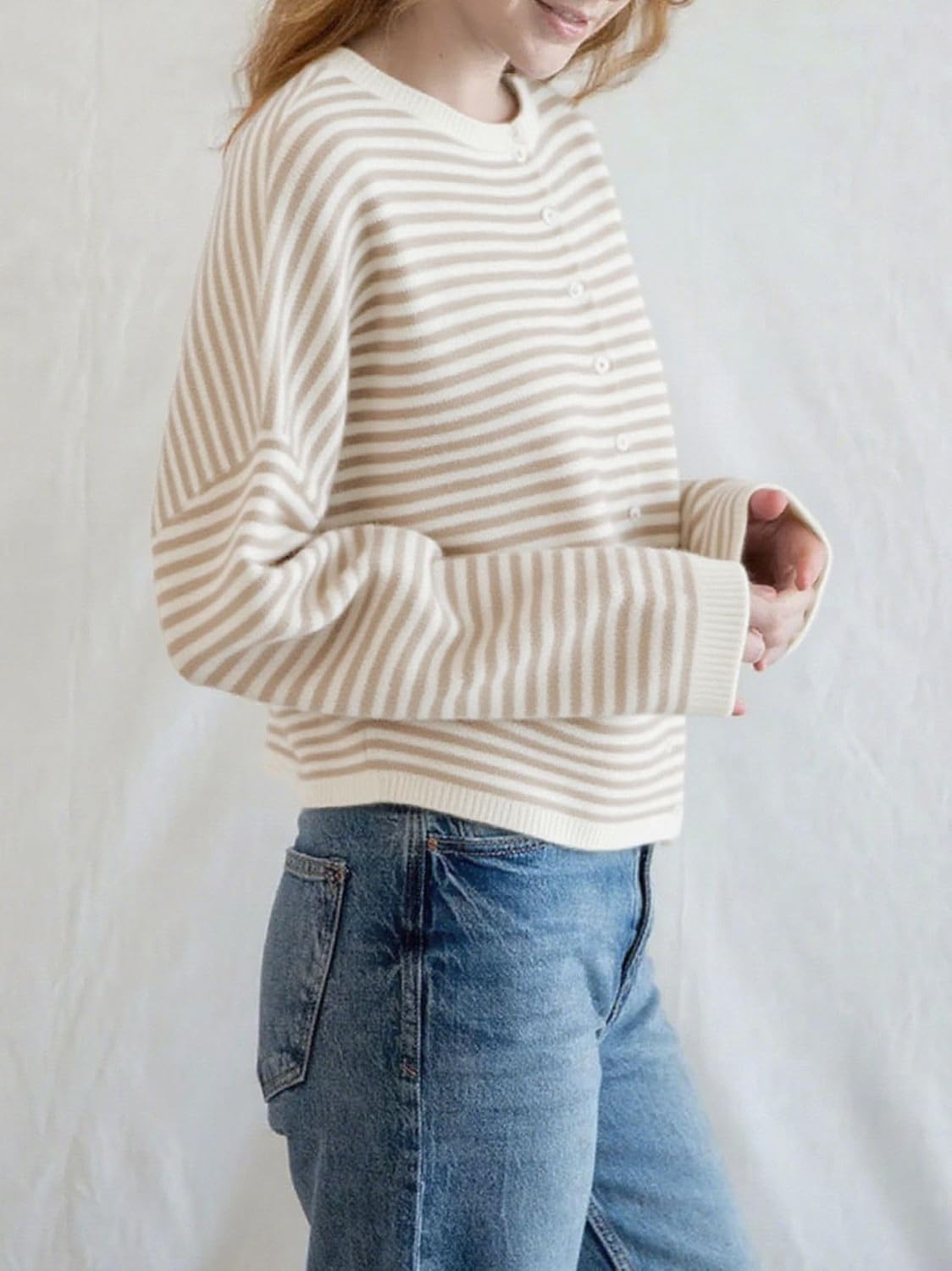 Women's Cardigans Knit Long Sleeve Stripe Crew Neck Button Down Ladies Jumper Cardigan Sweater for Fall Winter (US, Alpha, Large, Regular, Regular, Khaki)