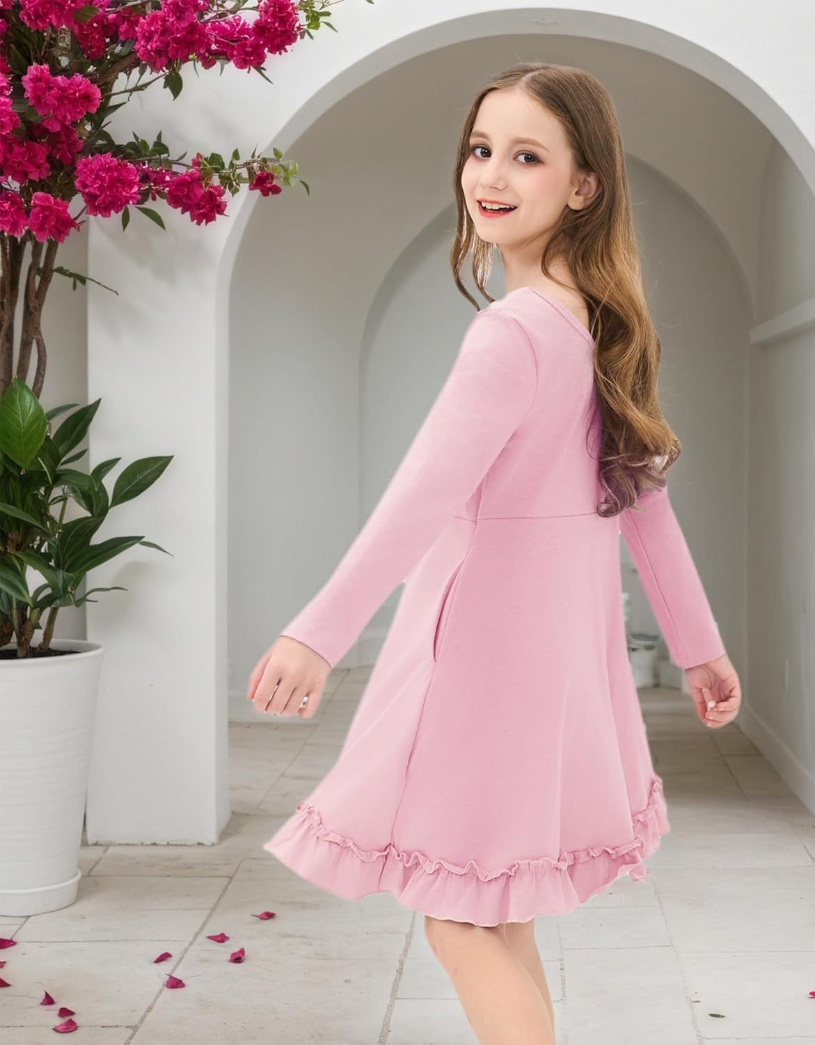 JiAmy Girls Dresses Fall Long Sleeve A Line Twirly Skater Ruffle Loose Casual Dress with Pocket - Image 4