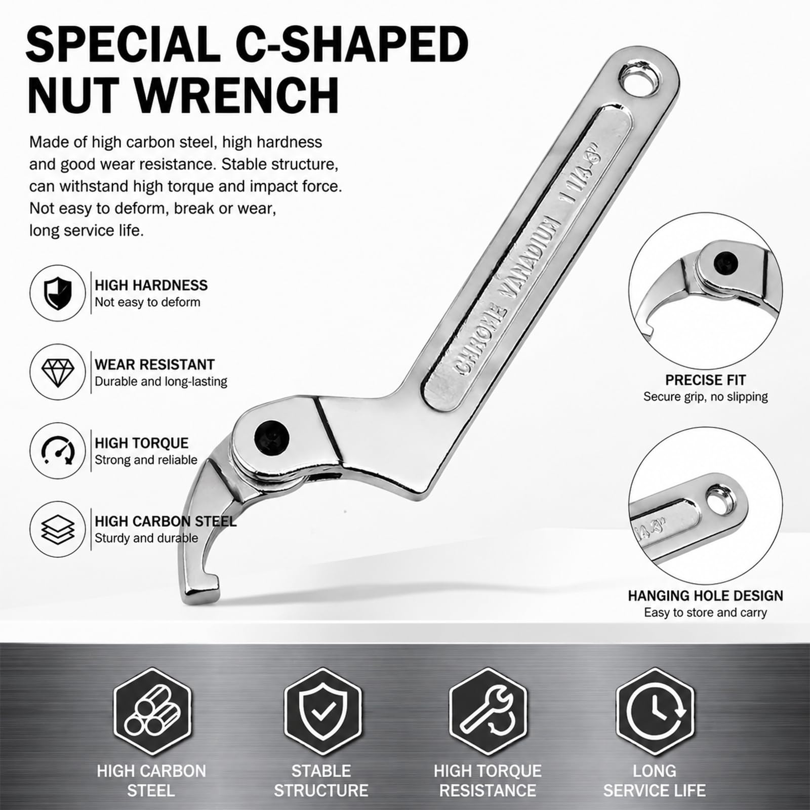 C Llave de Gancho Ajustable, Plateado Llaves Inglesa de Gancho, Cabeza Cuadrada Ajustable 32-76 mm, Llave C Amortiguador de Acero Carbono, para Taller de Producción, Mantenimiento Equipos