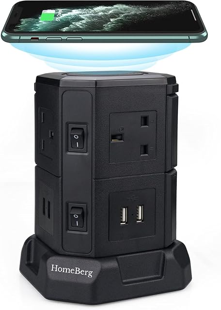 HomeBerg Tower Extension Lead - 6 Socket 4 USB Extension Lead 3m, Wireless Charging Surge Protector Plug Extension, Fire Retardant Multi Plug Adaptor, Office Desk Tidy Extension Cable, Power Strip