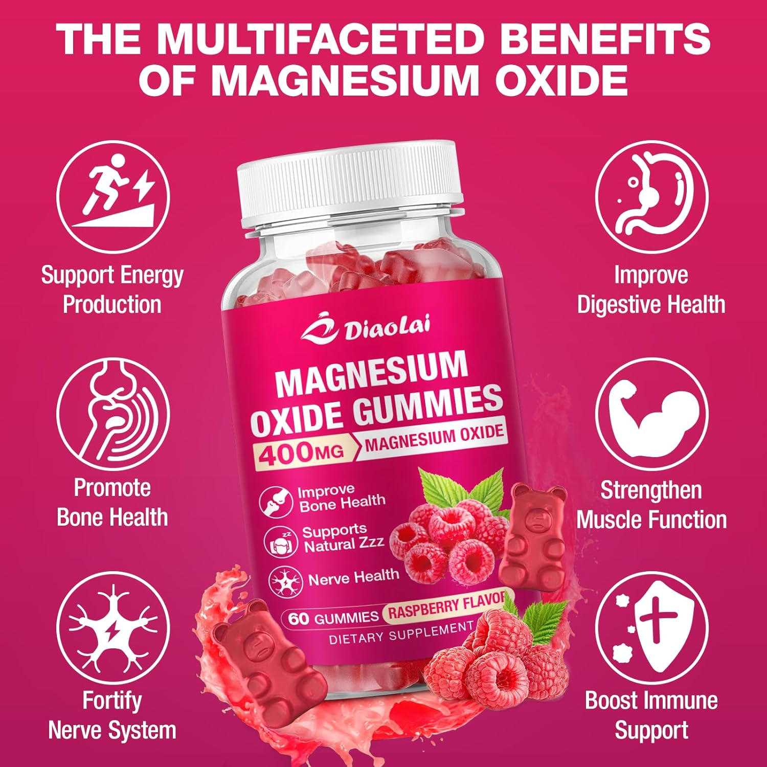 Magnesium Oxide Gummies 400mg for Nerve & Muscle Support - Chewable Supplement for Adults & Kids, Sugar-Free, Non-GMO, Raspberry Flavor, 120 Count