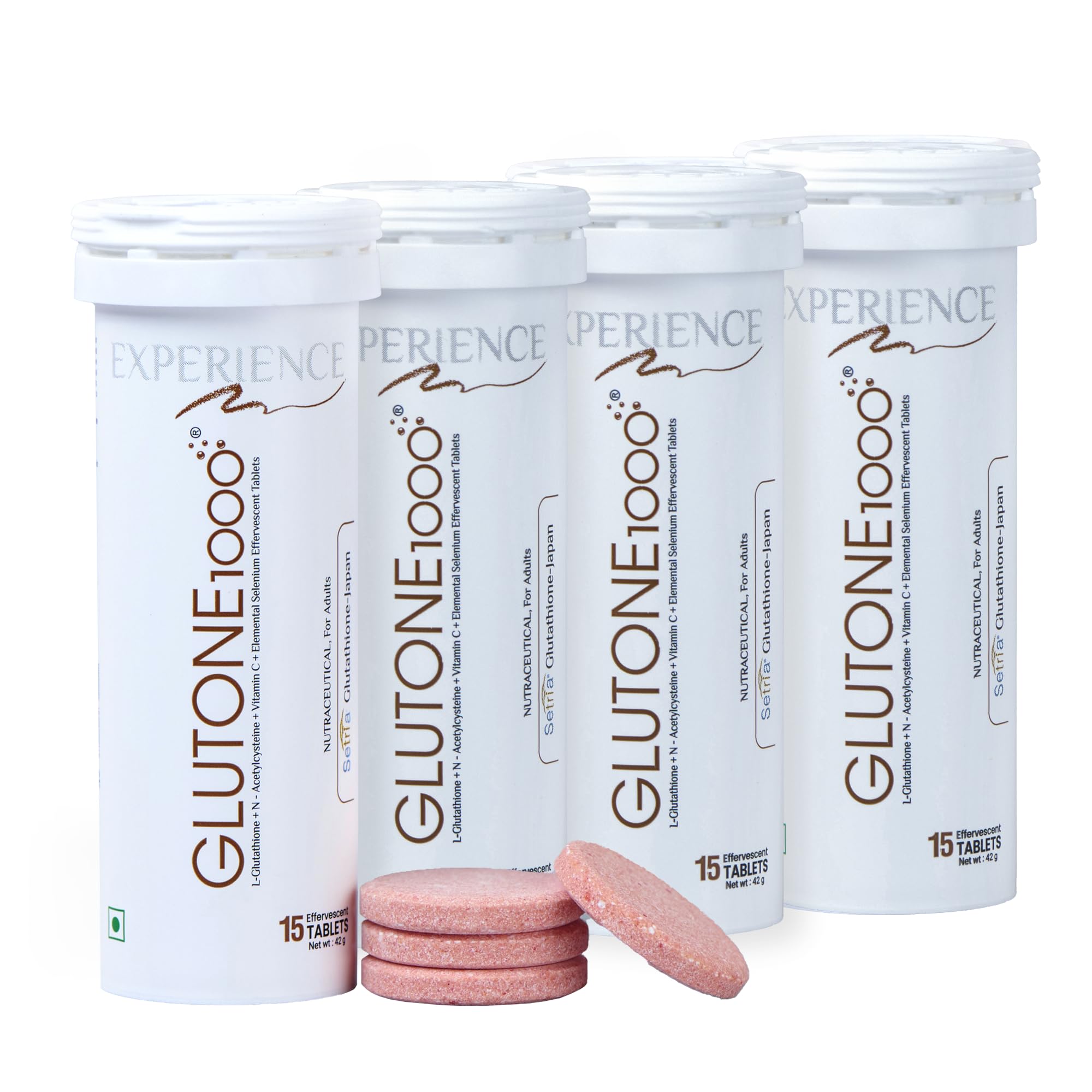 Glutone 1000 Setria L-Glutathione Tablets for Radiant & Clear Skin | 600mg Premium L-Glutathione & Vitamin C | Skin glow Brightening Supplement | 15 Effervescent Tablets | Orange Flavor (Pack of 4)