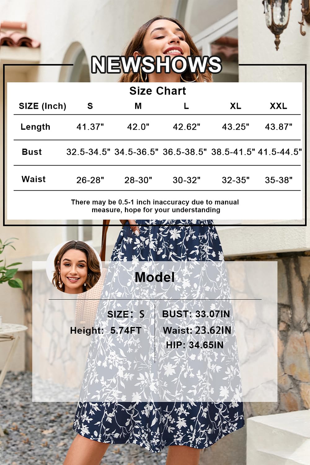 Newshows Robe d'été à manches courtes et col en V pour femme - Motif floral décontracté - Robe d'été mi-longue avec poches