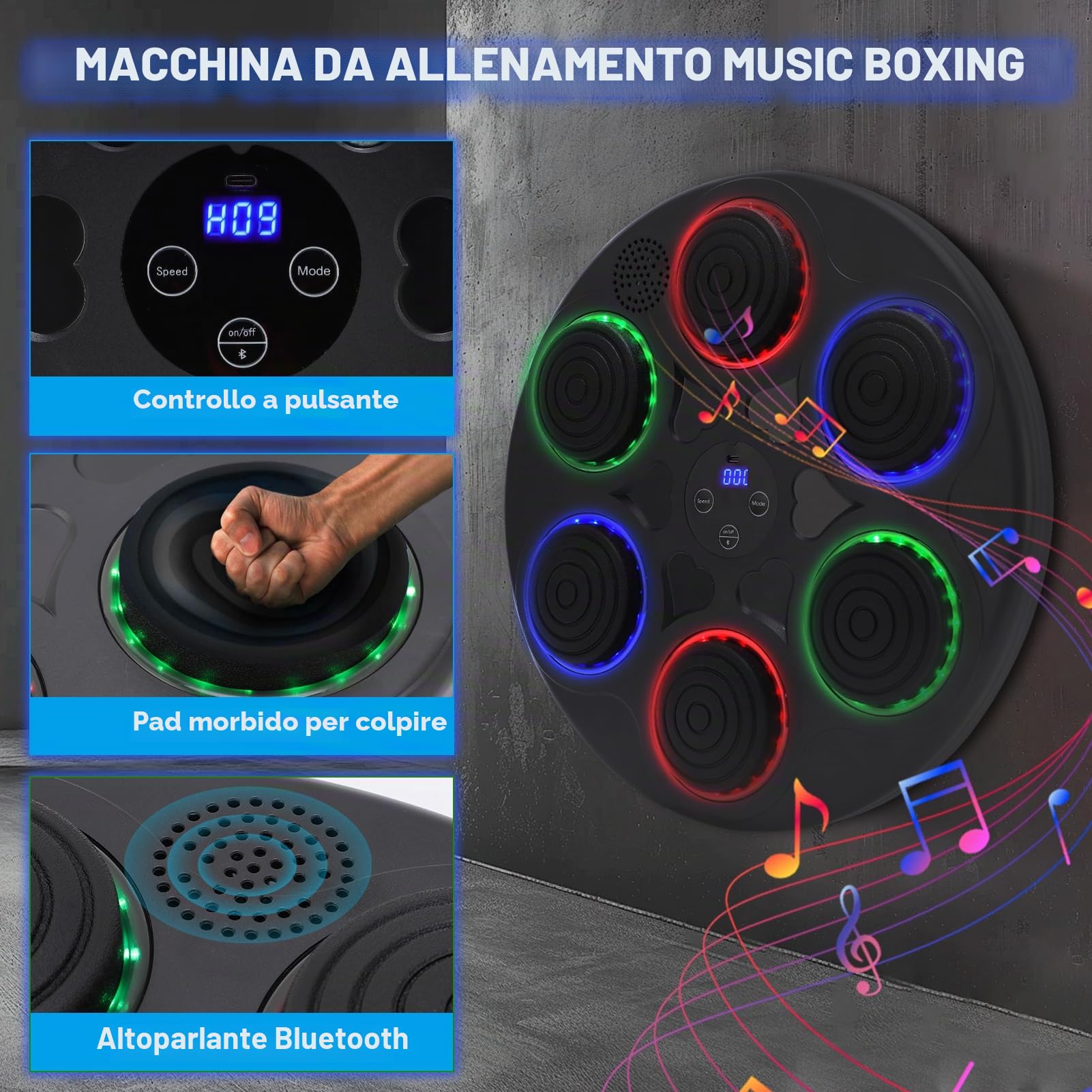 Macchina da boxe musicale per adulti, con musica, montaggio a parete, display LED, modalità 9 velocità, Bluetooth, attrezzatura per allenamento