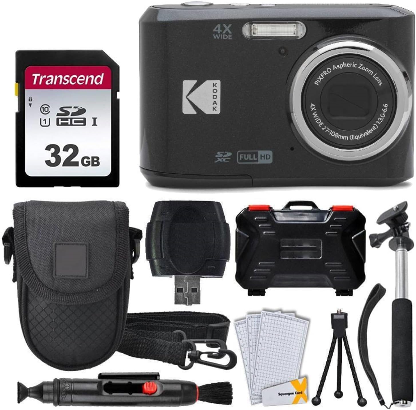 Kodak PIXPRO FZ45 Digital Camera, 32GB Memory Card, Point and Shoot Camera Case, Extendable Monopod, Lens Cleaning Pen, LCD Screen Protectors, Table Top Tripod – Ultimate Bundle (Black)