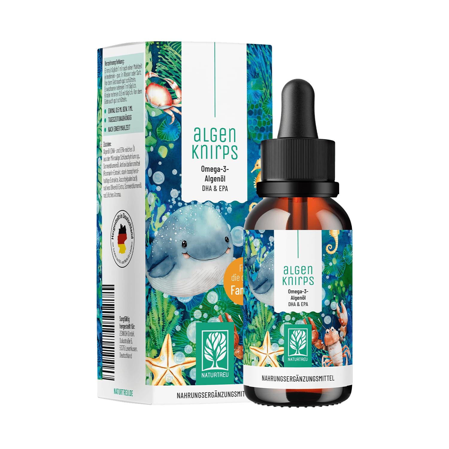 NATURTREU® Omega 3 für Kinder aus Algenöl - Optimiert für Kinder mit leckerem Orangen Geschmack, 250 mg DHA und 125 mg EPA pro Portion - kein Tropfen zählen nötig - Omega 3 Kids - Vegan - 50 Portionen
