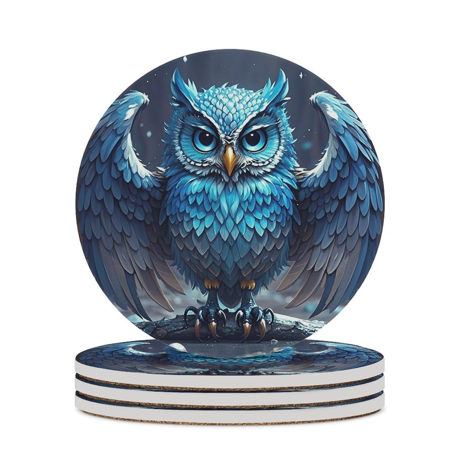 Blue Owl Coaster with Cork Base Drink Coasters for Coffee Table Decor Modern Cup Coasters with Non-Slip & Heat-Resistant Cute Ceramic Table Coaster for Home Dining