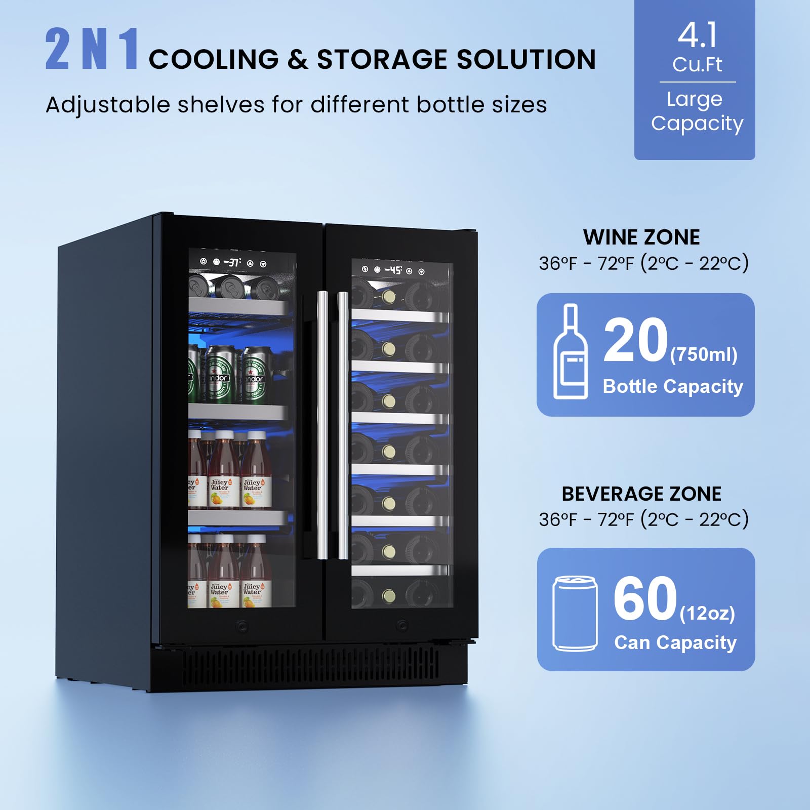 Akicon 24 Inch Mini Fridge,42db 20 Bottles & 60 Cans Quiet Beverage Refrigerator With Safety Lock And Temperature Memory Touchscreen, Built-In/Freestanding For Home, Black on Fridge.com - View 2