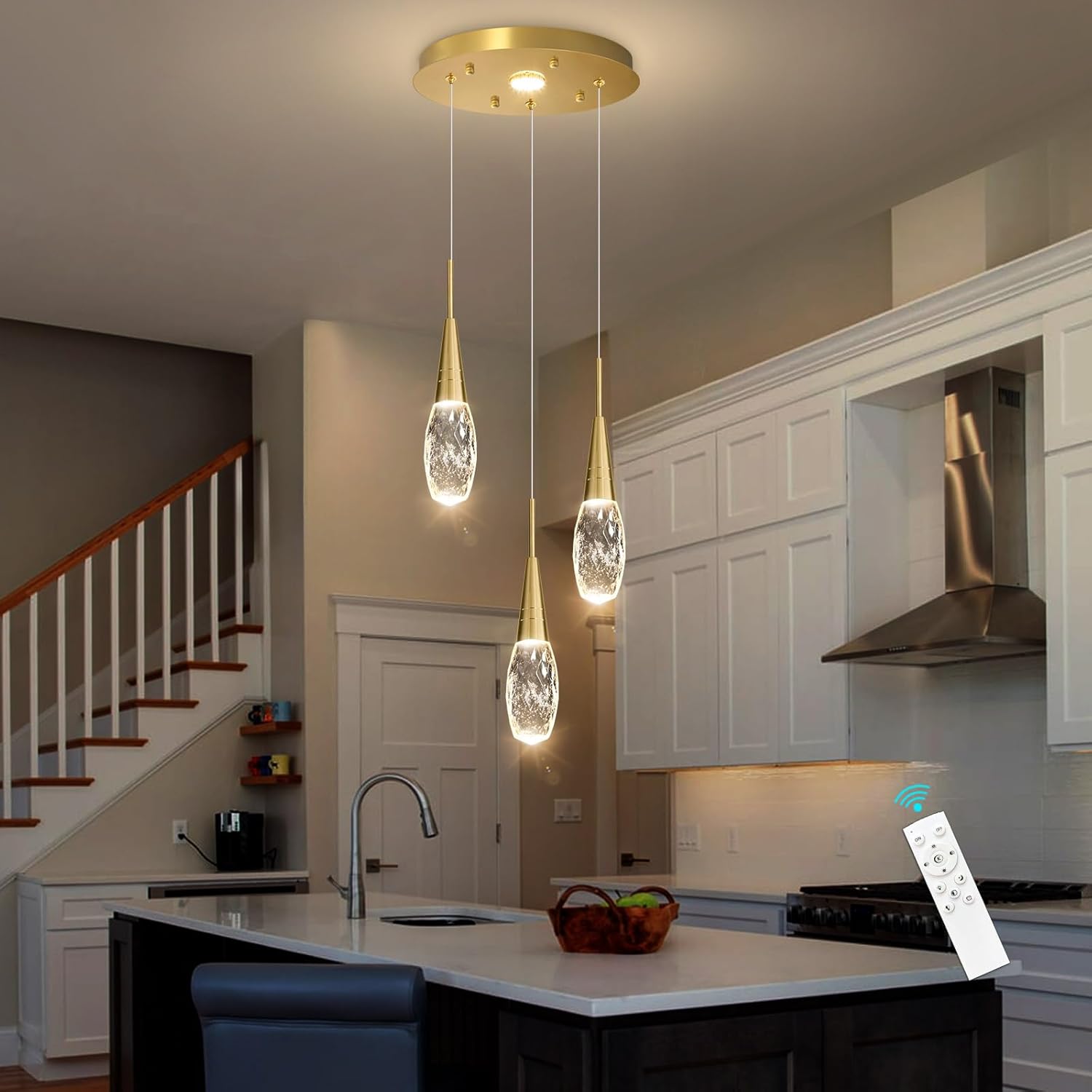 3-Lights LED Pendant Lights for Kitchen Island Gold Dimmable Light Fixture Modern Crystal Pendant Lighting for Dining Room Bedroom Living Room Lights Shine Gold