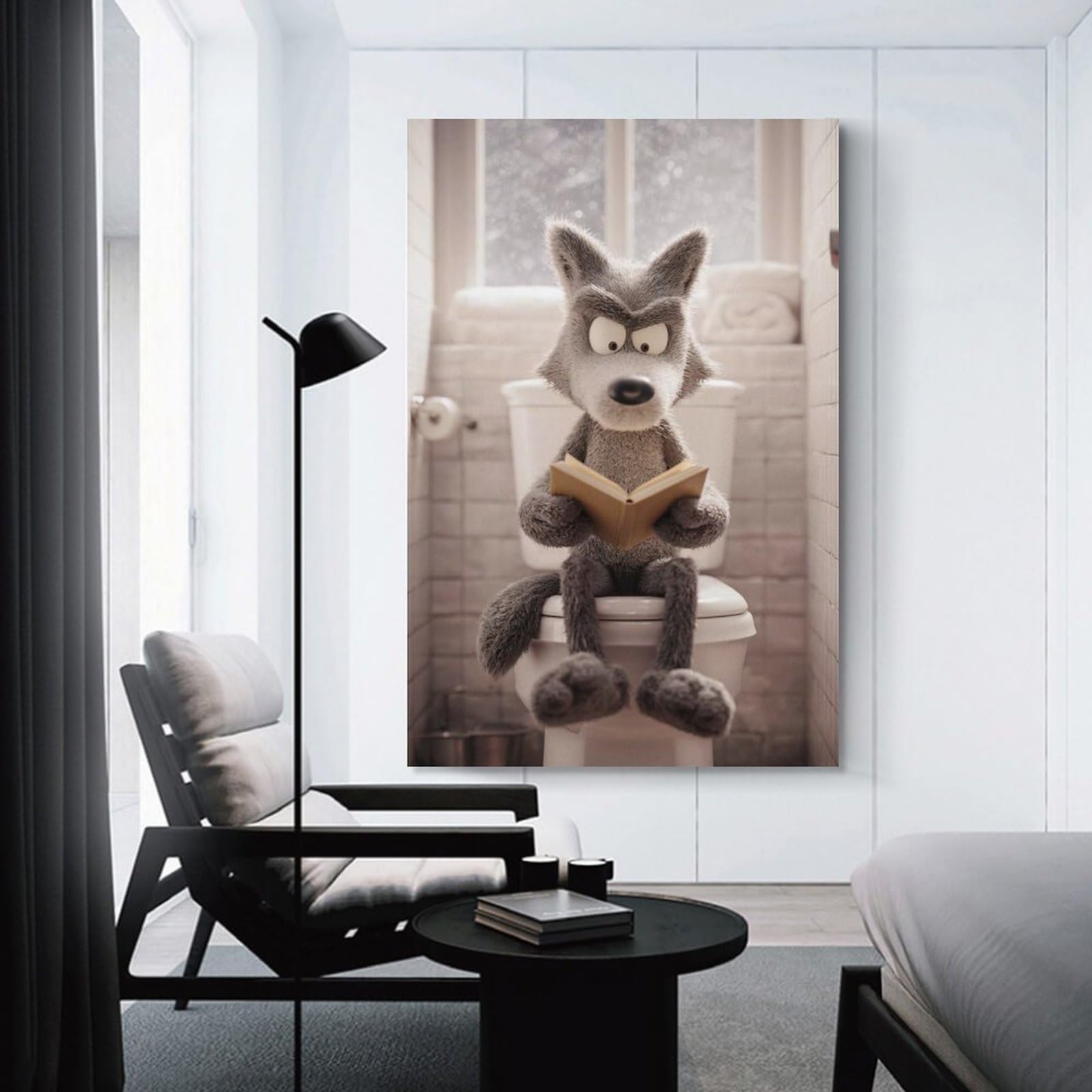 Junmoney Unframe-Style-1 Wolf Reading A Book On A Toilet Decorative Wall Artwork, 20X30inch(50X75cm), For Home Lounge, Bedroom Or Reading Nook, Eye Catching Artwork For Blank Walls