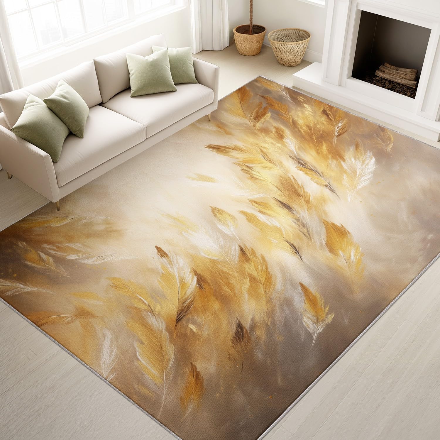 Generico Abstrakcyjny etherowy onrycki artystyczny nadruk estetyczny miękki pióra można prać w pralce miękki w dotyku 140 x 200 cm trwały złoty dywan do sypialni antypoślizgowa mata