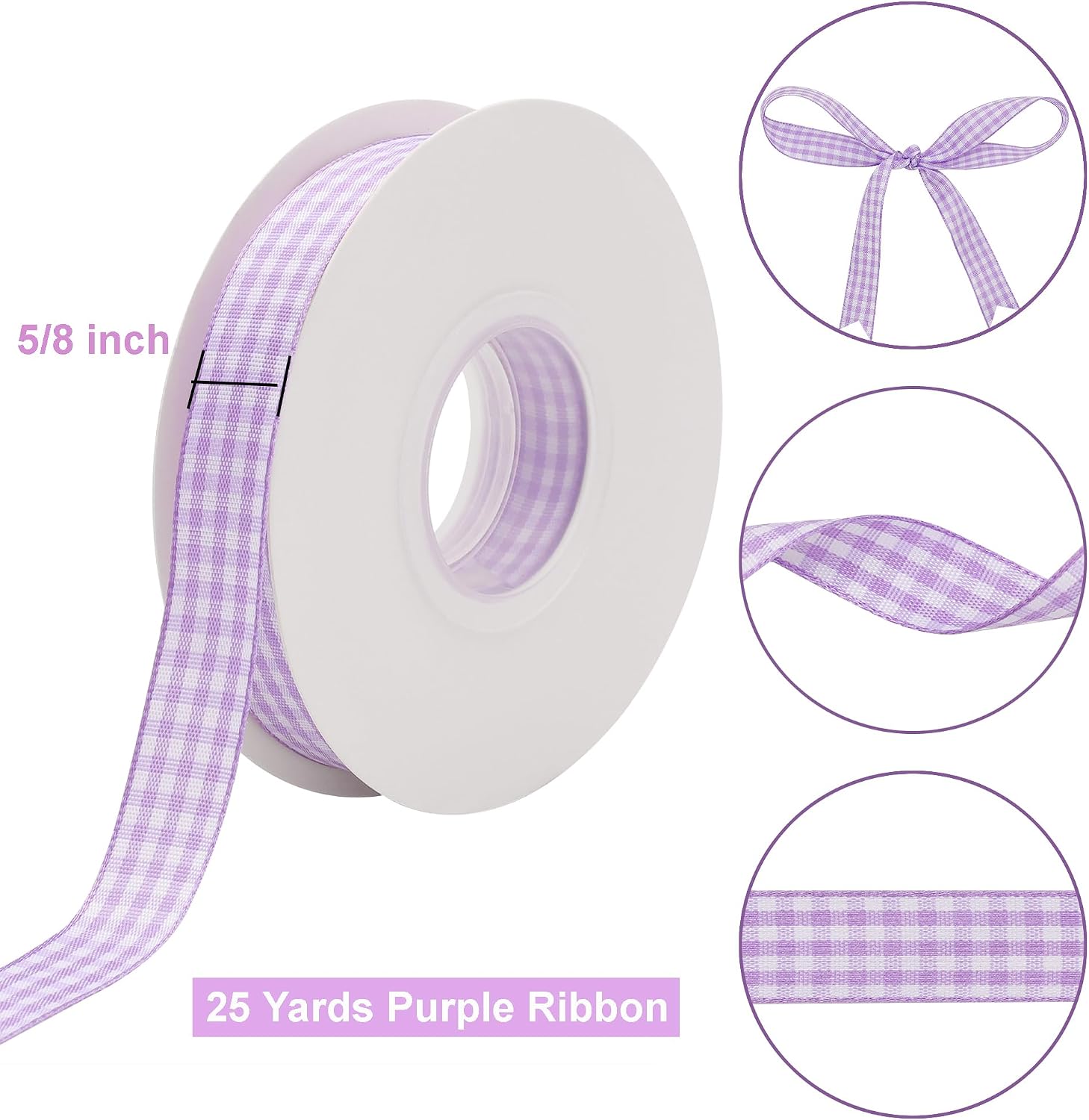 Purple and White Gingham Ribbon, 5/8" x 25Yd Roll Picnic Craft Buffalo Ribbon for Crafts Hair Accessories and Christmas Gift Wrapping,5/8 Inch Polyester Woven Edge +60" Tape Measurement image 2
