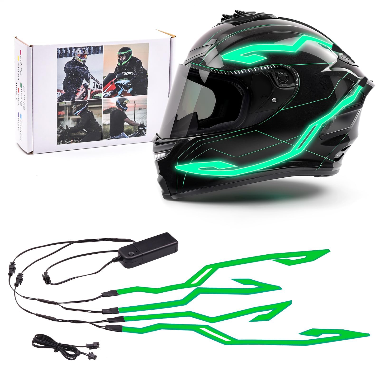 Helmet Light 4in1 Verde per casco da moto, luce fredda 4in1, kit di adesivi LED impermeabili, striscia luminosa per casco da moto, fai da te, luce notturna