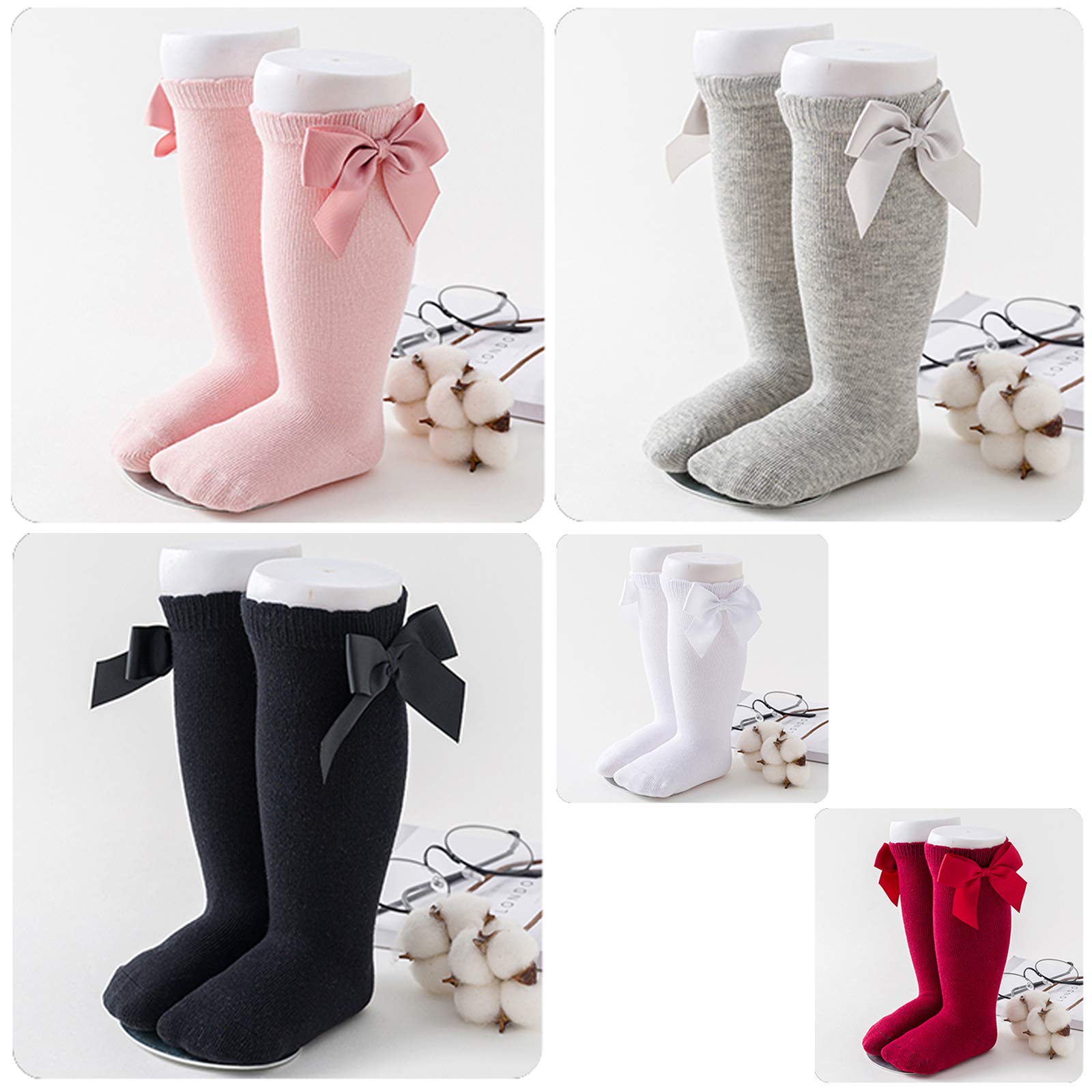 Baby Girls Knee High Socks Bow β Yeshore Tube Ruffled Knit Cotton Long Stockings for Infants and Toddlers 5 Pairs (White,Black,Grey,Wine Red,Pink, 2-4T) 4