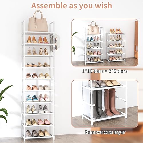 Miniatura 5 de Zapatero alto de 10 niveles para 20 a 25 pares de botas, organizador de almacenamiento, estante de zapatos estrecho resistente para entrada,