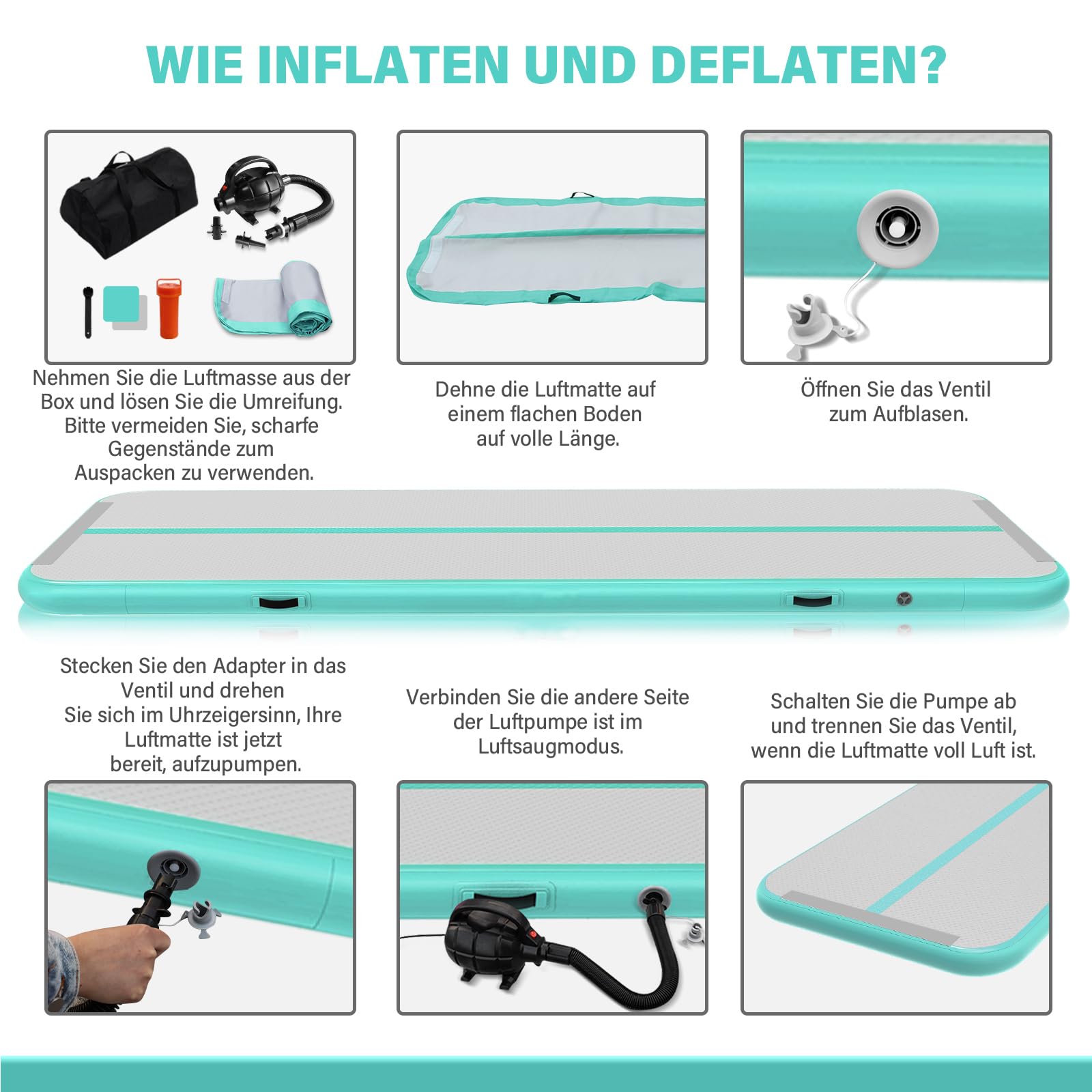 Air Track Ginnastica Artistica 3/4/5/6 Metri 10/20cm Spessore – Tappeto Ginnastica Artistica da Casa con Pompa Elettrica, Tappetino Gonfiabile per Allenamento, Yoga, Cheerleading, Fitness