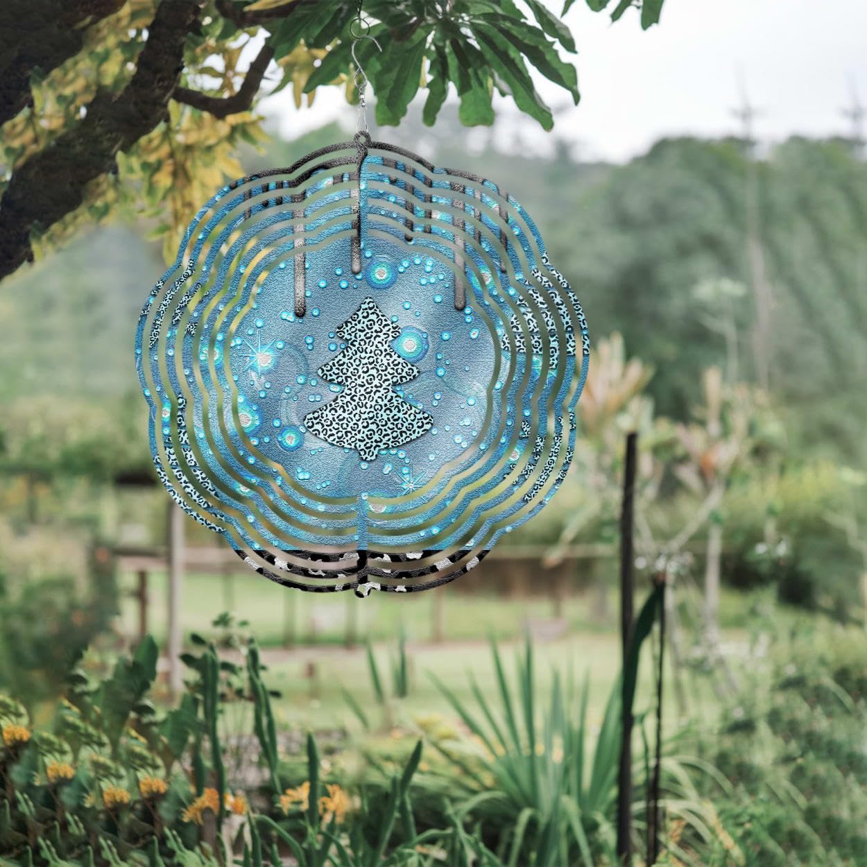 Blue Tree with Leopard Pattern Christmas Wind Spinners 3D Stainless Steel Laser Cut Metal Double Sided Printing-Hanging Indoor/Outdoor Decorations Yard Gardening Decor,Metal Kinetic Art 16x16 inches