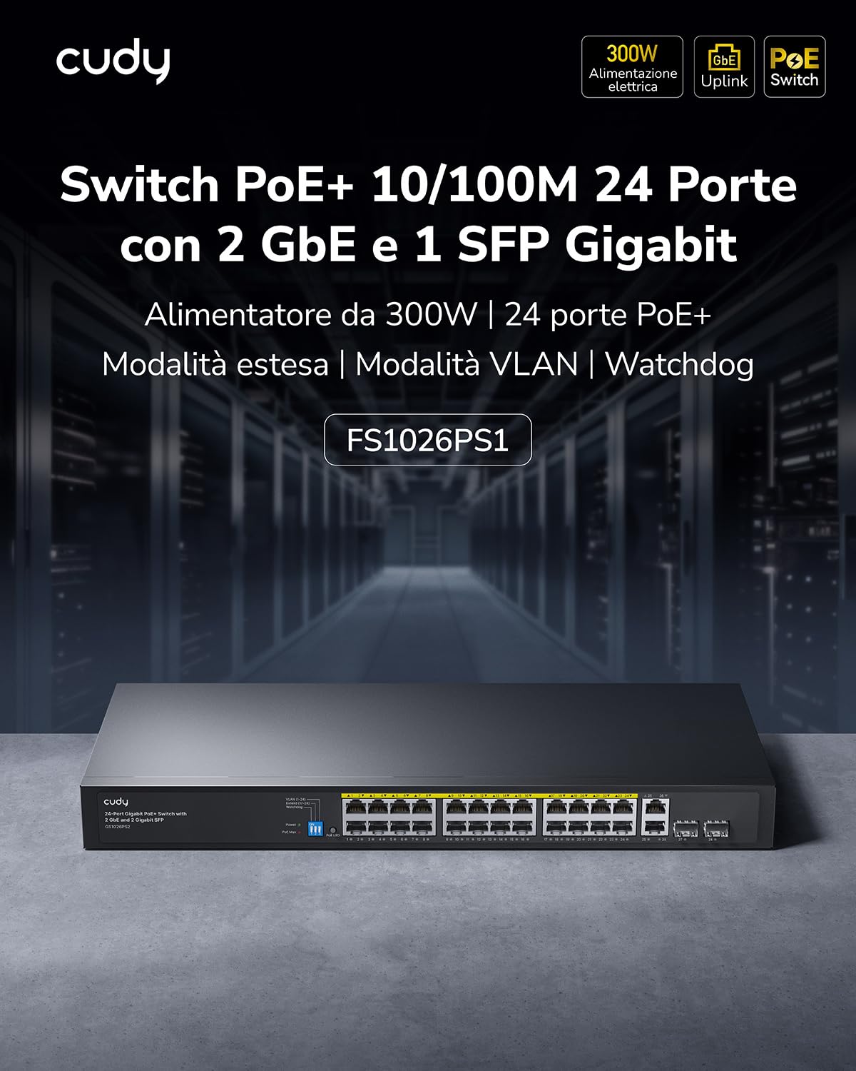 Cudy Switch di Rete 24 Porte 10/100M PoE+ 300W 2 GbE 1 SFP VLAN FS1026PS1 | Unmanaged Rackmount Metal Hub; Plug & Play IEEE 802.3at/af; 250m CCTV Extend; Watchdog Recovery; Alimenta IP Cams, VoIP, APs