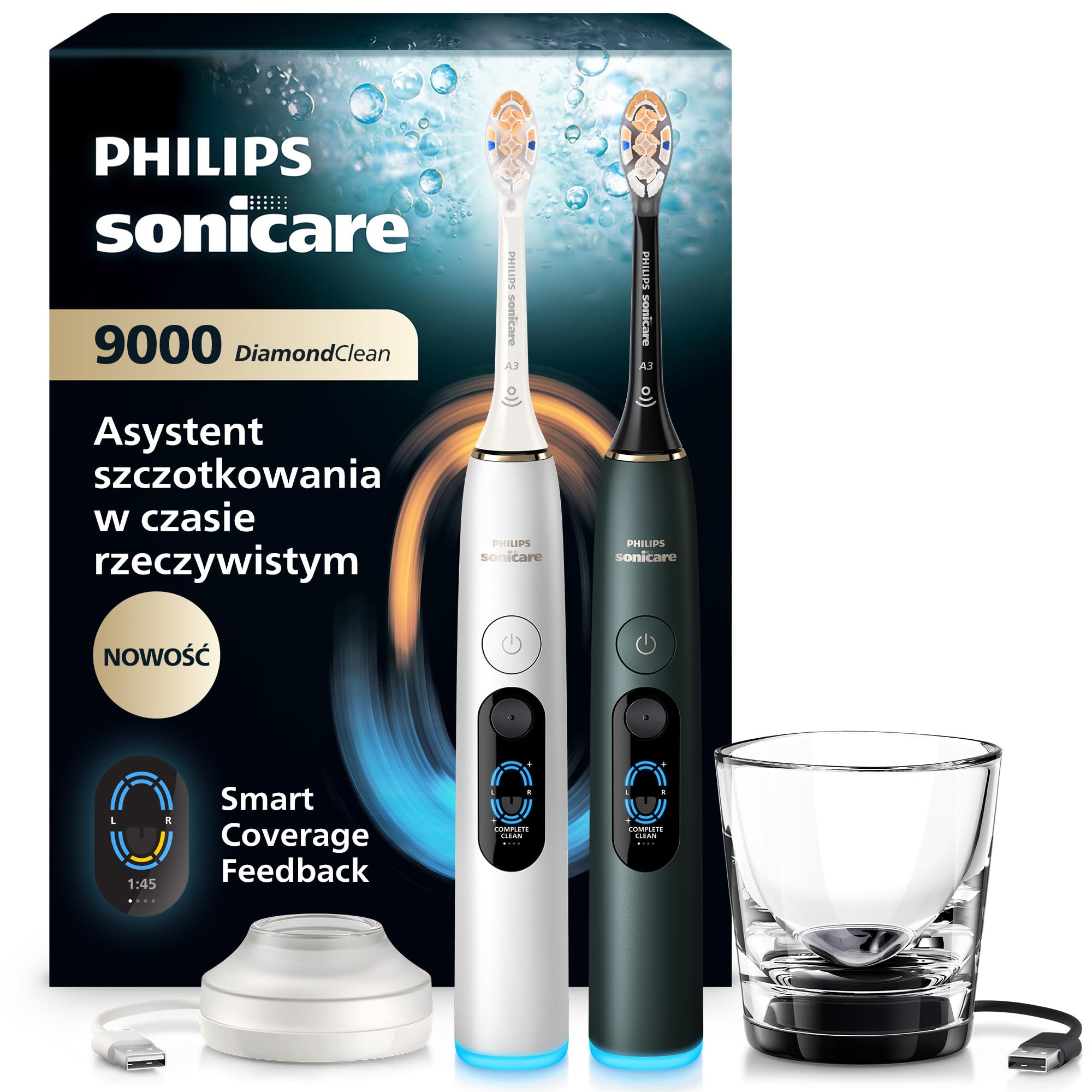 Philips Sonicare: szczoteczka elektryczna nowej generacji DiamondClean 9000 – ze Smart Coverage Feedback oraz Smart Pressure Feedback, 21 ustawień, Silver White & Midnight Green, dwupak, HX9216/89
