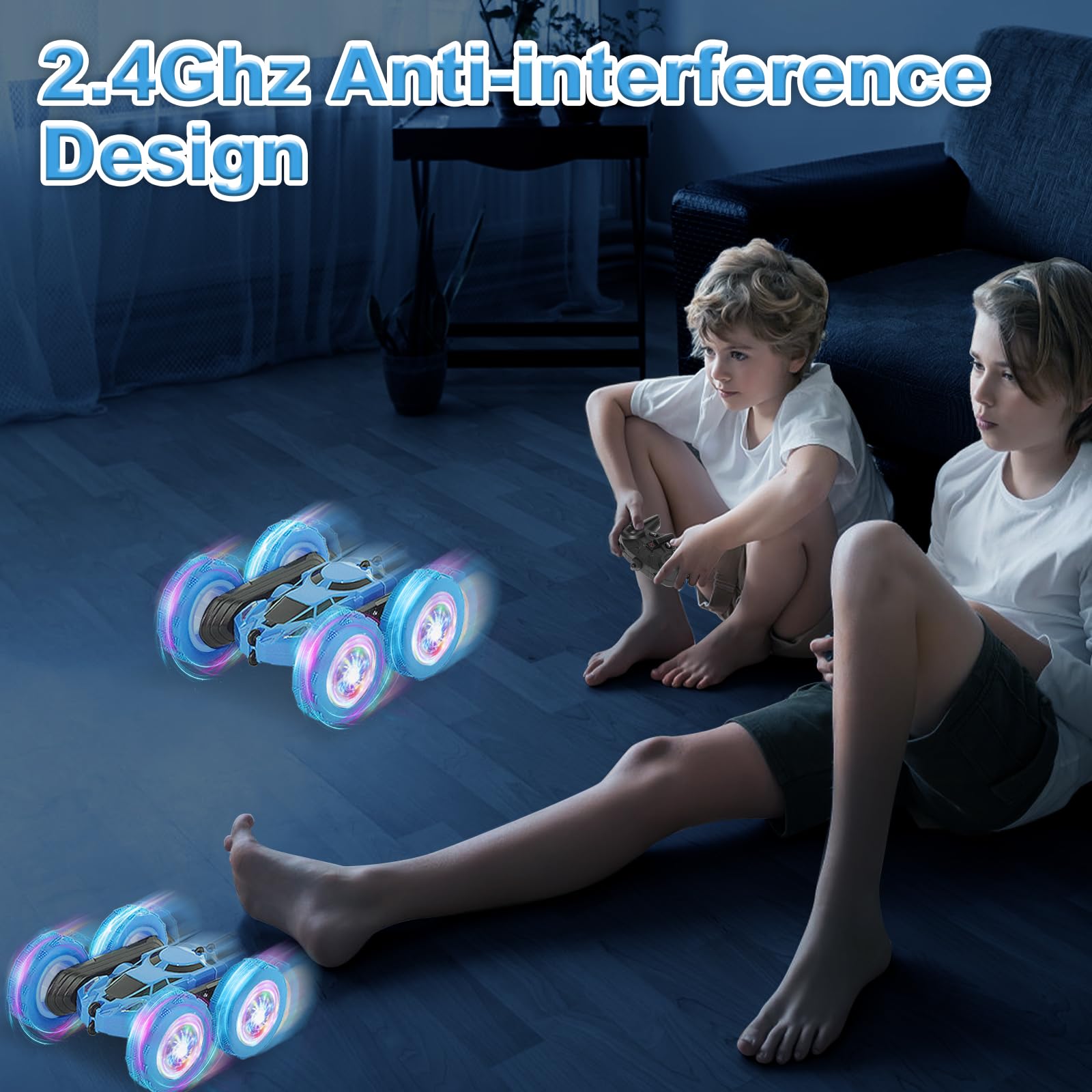 MidiVix Ferngesteuertes Auto, 90 Min Spielzeit, 2.4Ghz Doppelseitig 360° drehbarer RC Crawler mit Scheinwerfern Radlichtern, 4WD Off Road Drift RC Auto Spielzeug Geschenke für Jungen 6-12 Blau