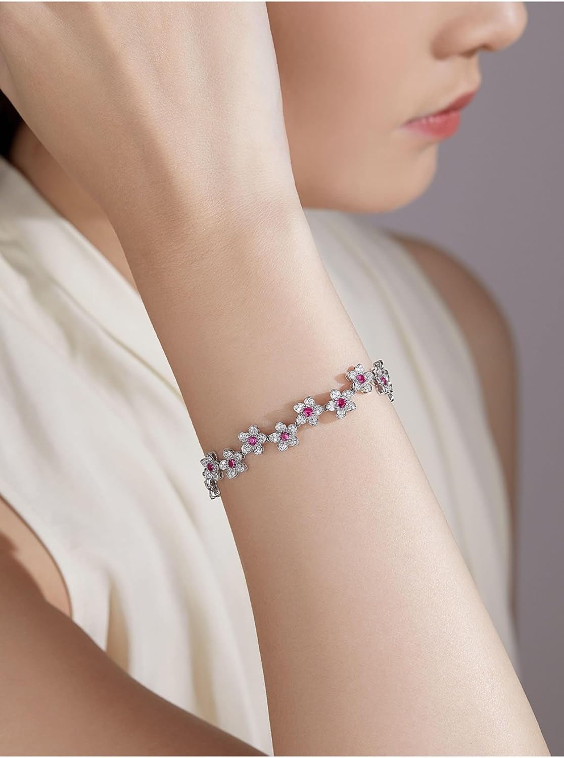 Women's 9 Kt / 14 Kt / 18 Kt White Gold Bracelets, Flower with 1.79ct Created Ruby and Moissanite, 6.3", Womens Bracelets Silver Pink image 3