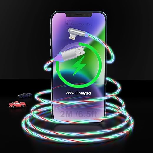 LED Light Up Flowing iPhone Charging Cable Flat LED Lightning Charge Cord [MFi Certified ] Fast Charge&Sync Data Glowing Apple Charger Adapter for Car with iPhone 14/13/12 Pro Max/11 Pro/XR/X/8（6FT ）