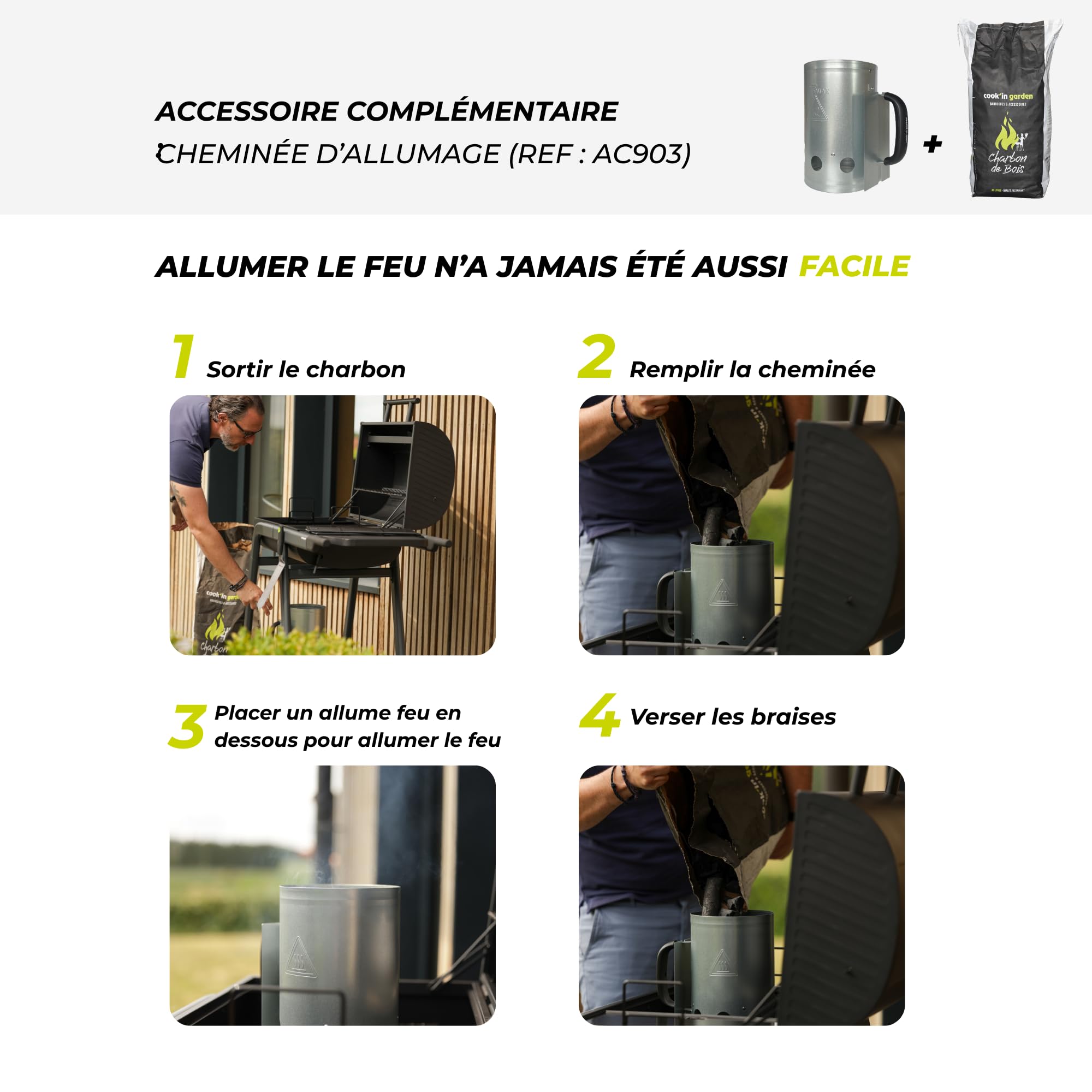 Cook’in Garden - Sac de Charbon de Bois 40L, Qualité Restaurant, Gros Charbon FSC® 100%, Fabriqué en Europe, Idéal Barbecue Extérieur Terrasse Jardin, Allumage Facile, Noir