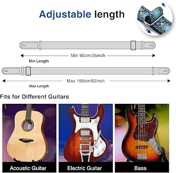 POGOLAB Guitar Strap, 2 inch Wide Jacquard Embroidery Cotton Adjustable Guitar Straps with Leather Ends, Soft & Comfortable, with Strap Locks & Picks, for Bass/Electric/Acoustic Guitar (Blue)