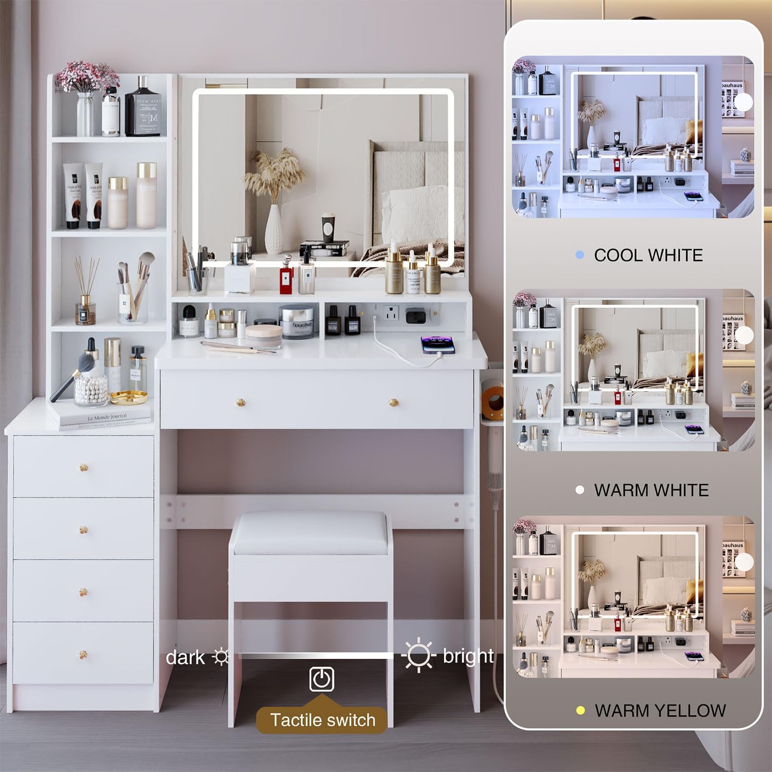 Makeup Vanity Desk with LED Lighted Mirror & Power Outlet, Table Set Drawers Cabinet, Cushioned Stool, Touch Control Large 3 Lights Modes, Dressing for Bedroom,White (White)