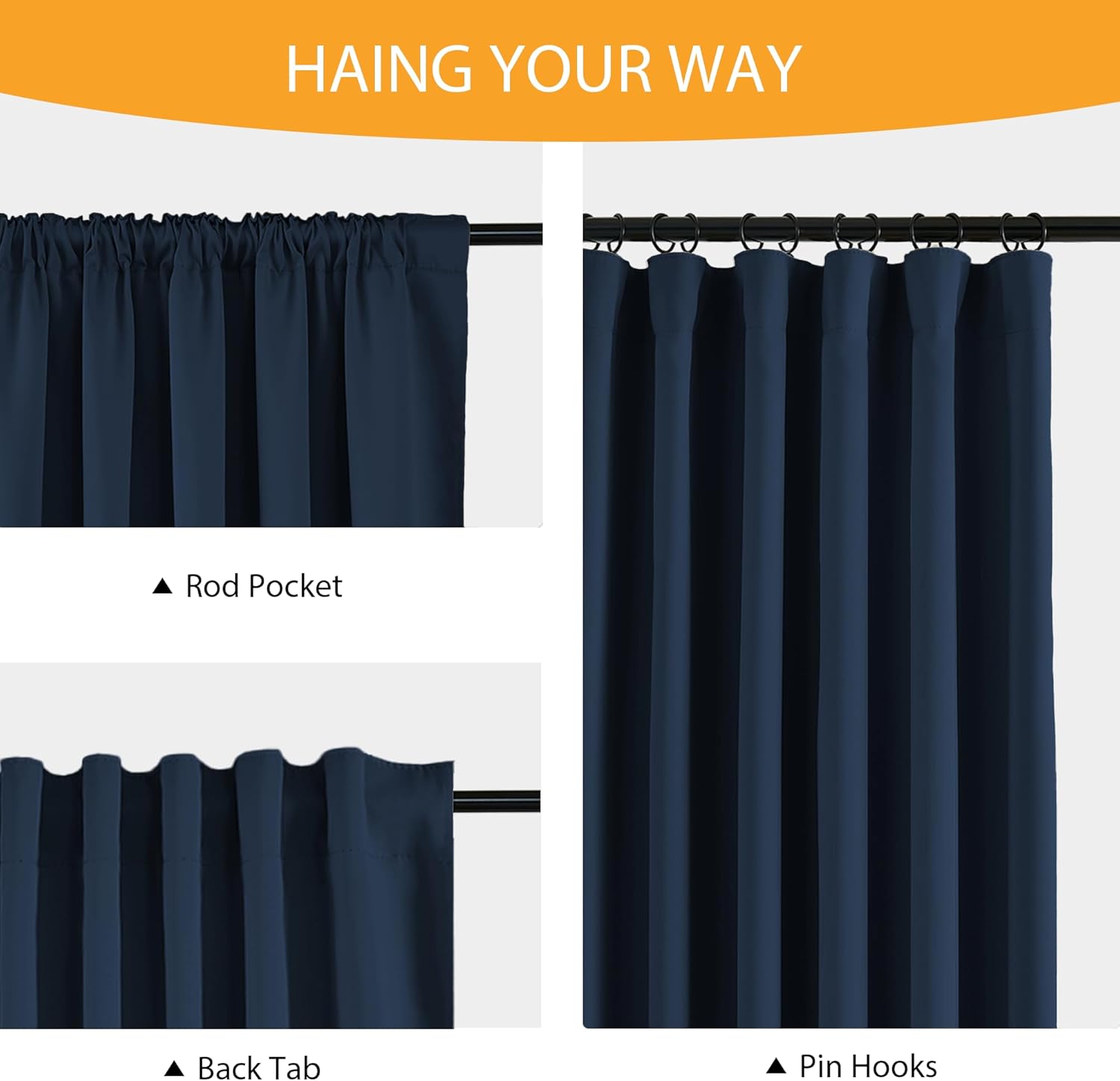 RYB HOME 100% Blackout Curtains 108 inches Long, Extra Long Ceiling to Floor Heat & UV Blocking Total Room Darkening Noise Reducing Back tab Curtains for Living Room Bedroom, Navy Blue, 2 Panels Set
