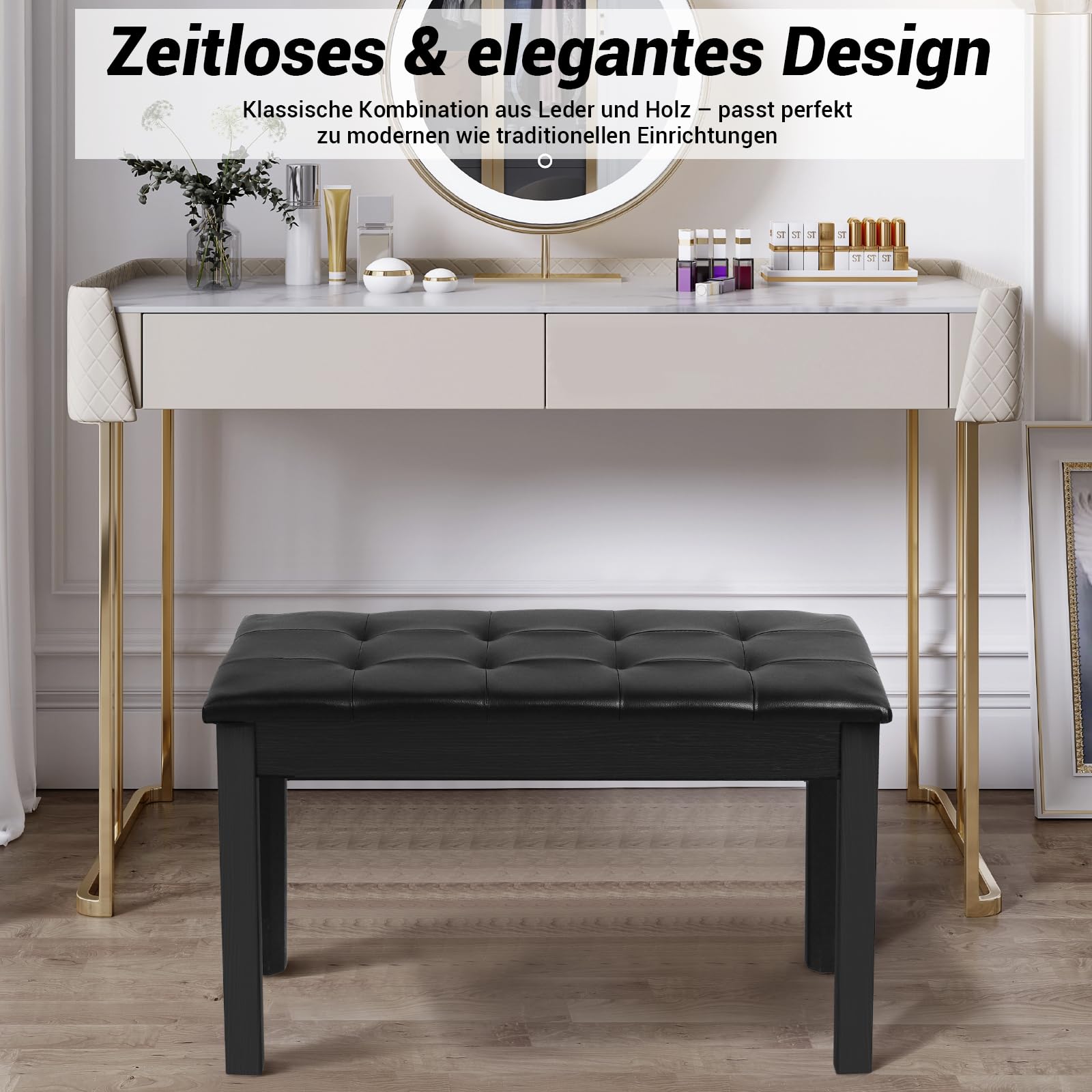 SUNDOY 75 cm Klavierbank aus Massivholz – Schwarzer Klavierhocker mit Weichem Sitzkissen – Modernes, minimalistisches Design, Korrosionsbeständig & Stabil – Für E-Piano & Keyboard, Schwarzer