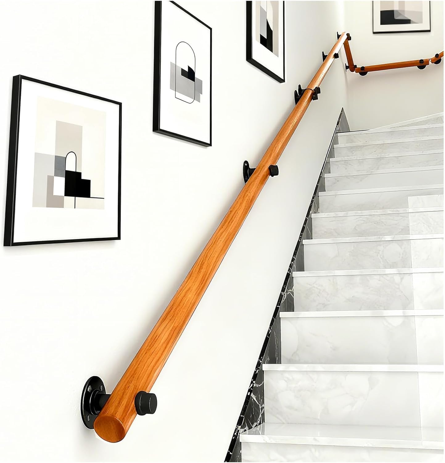Wooden Handrail for Stairs – Anti-Slip Wall Mounted Safety Stair Railing with Brackets, Adjustable Indoor/Outdoor Banister Rail for Elderly & Children (A, 60CM)
